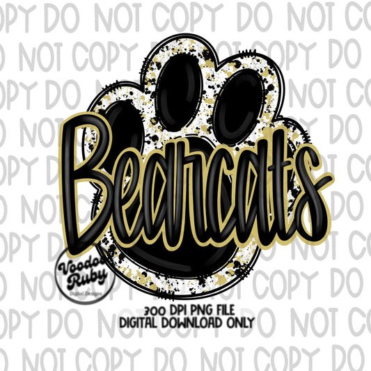 Bearcats PNG Design Hand Drawn Digital Download Sublimation Football PNG Black and Gold Paw Print Bearcats Football DTF Printable