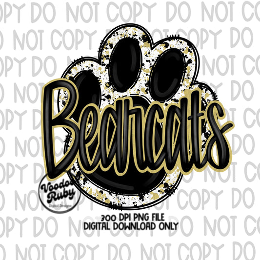 Bearcats PNG Design Sublimation Hand Drawn Digital Download Football PNG Black and Gold Paw Print Bearcats Football Mascot DTF Printable