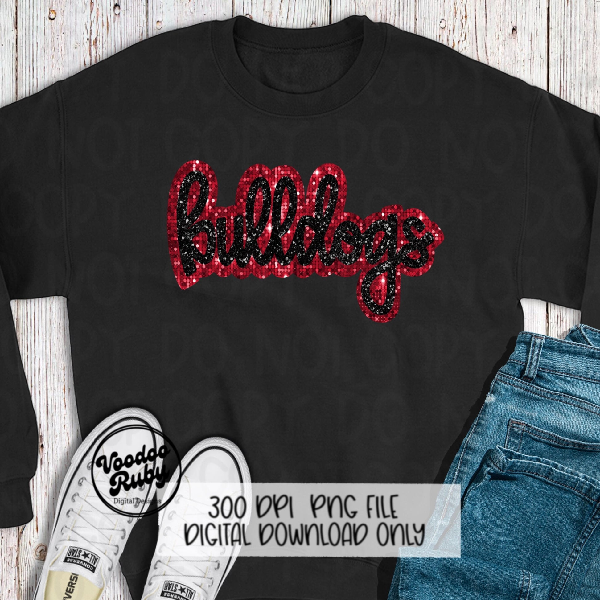 Bulldogs PNG Design Sequin Mascot Faux Appliqué Hand Drawn Digital Download Sublimation Football Sequins Black Red Bulldogs DTF Printable