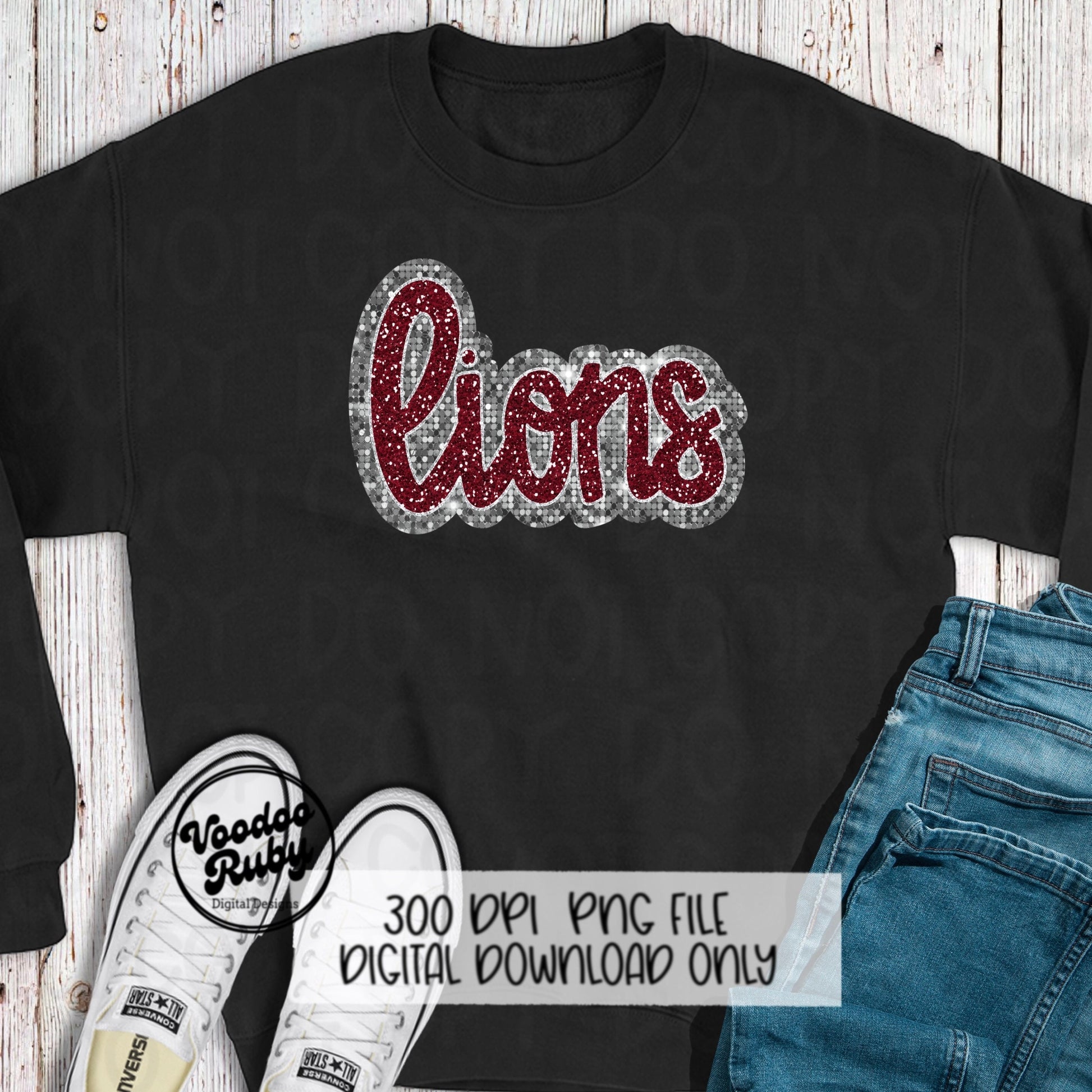 Lions PNG Design Sequins Sublimation Glitter Hand Drawn Digital Download Faux Sequins Patch PNG Printable Maroon Silver Lions Football DTF