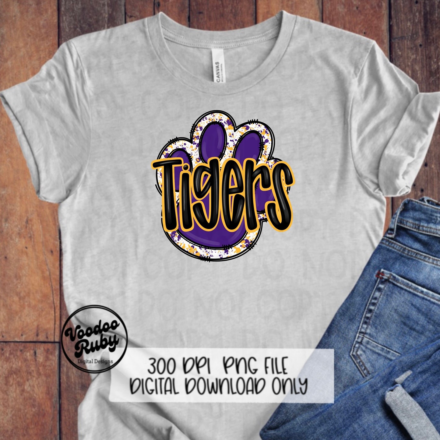 Tigers PNG Design Purple Gold Yellow Hand Drawn Digital Download Football PNG Paw Print Sublimation Design Tigers Football DTF Printable
