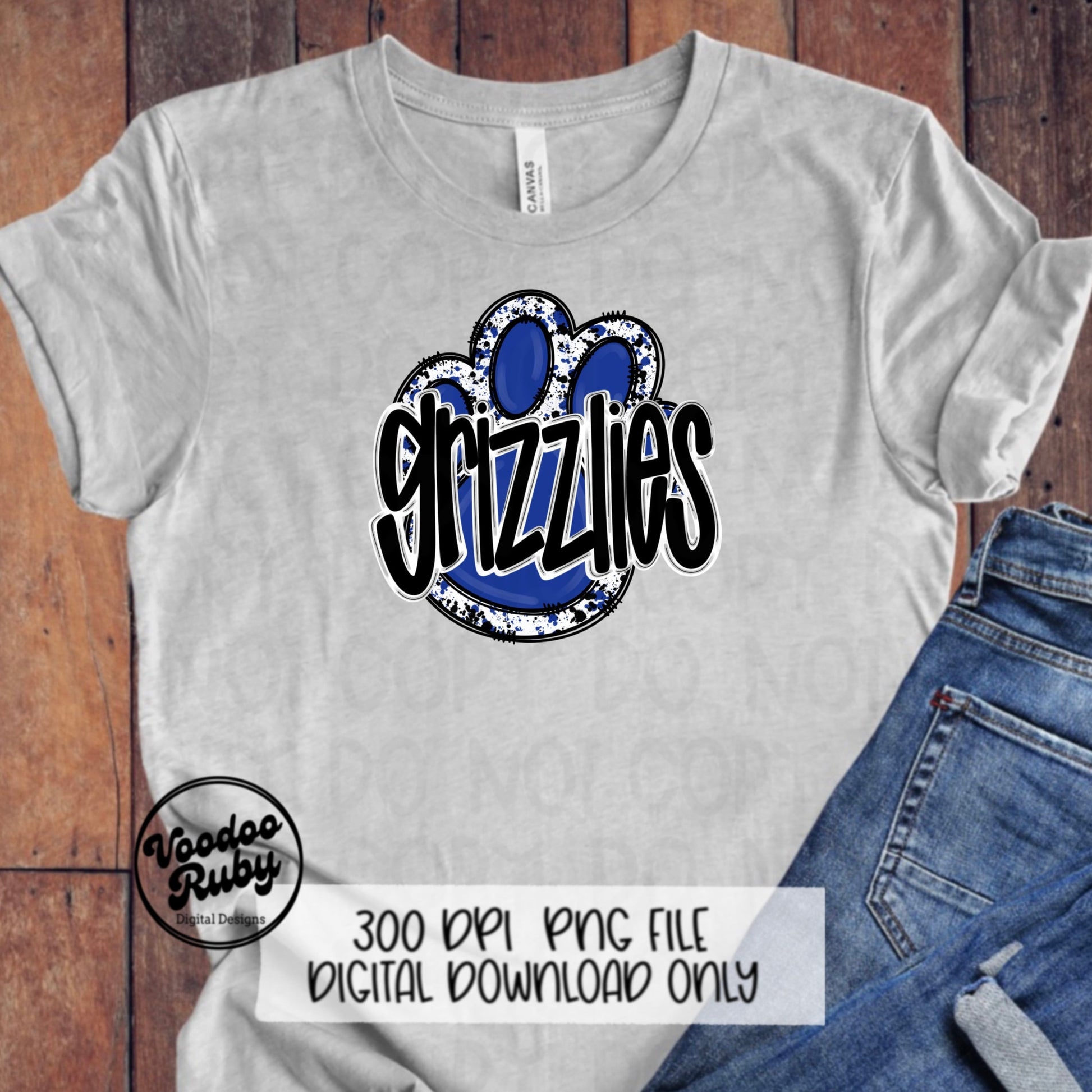 Grizzlies PNG Design Blue White Hand Drawn Digital Download Football PNG Paw Print Sublimation Design Grizzlies Football DTF Printable
