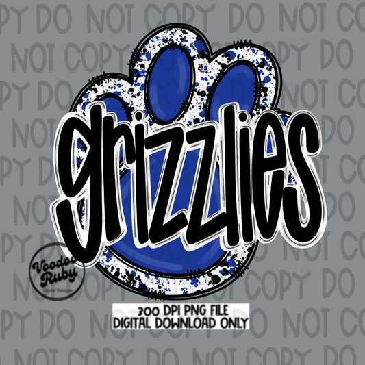 Grizzlies PNG Design Blue White Hand Drawn Digital Download Football PNG Paw Print Sublimation Design Grizzlies Football DTF Printable