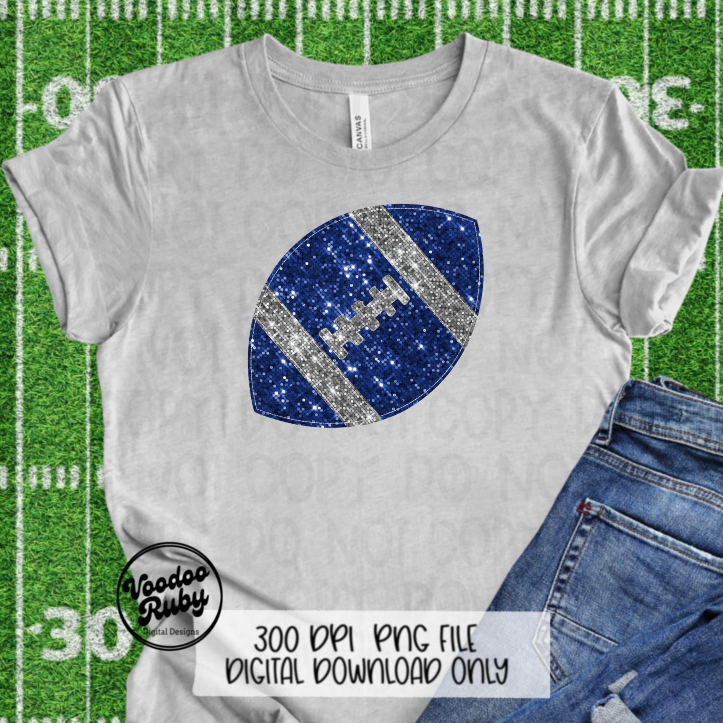 Blue Silver Sequin Football PNG Design Glitter Sublimation Hand Drawn Digital Download Faux Patch PNG Printable Faux Appliqué Football DTF