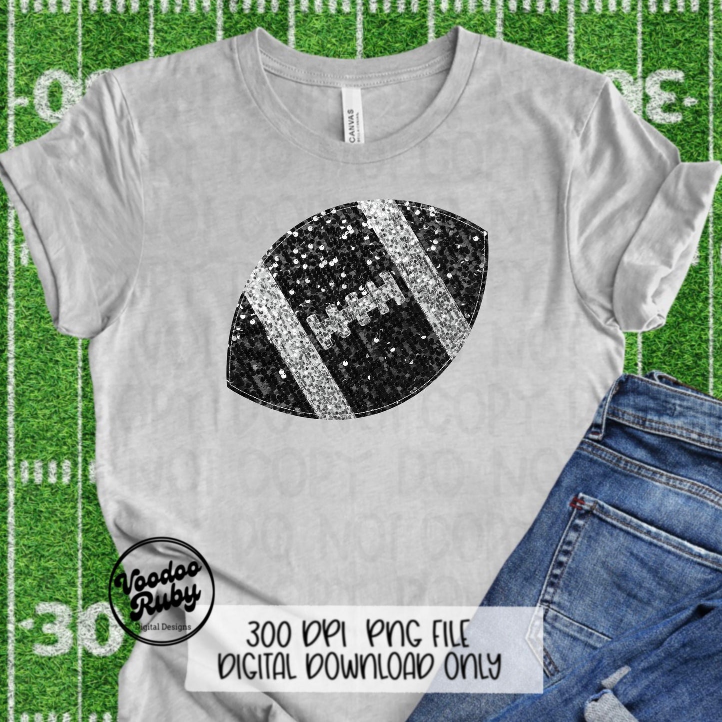 Black Silver Sequin Football PNG Design Glitter Hand Drawn Digital Download Faux Sequins Patch Printable Clip Art Faux Appliqué Football DTF