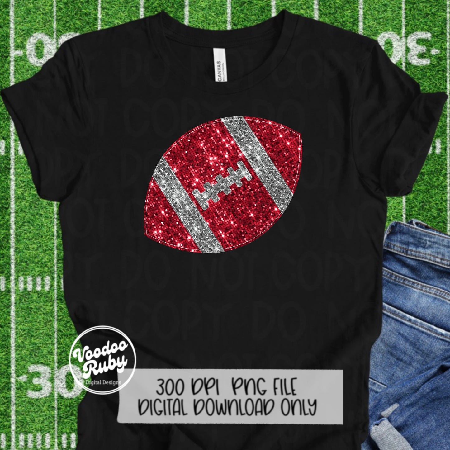 Red Silver Sequin Football PNG Design Sublimation Glitter Hand Drawn Digital Download Faux Sequins Patch PNG Printable Clip Art Football DTF