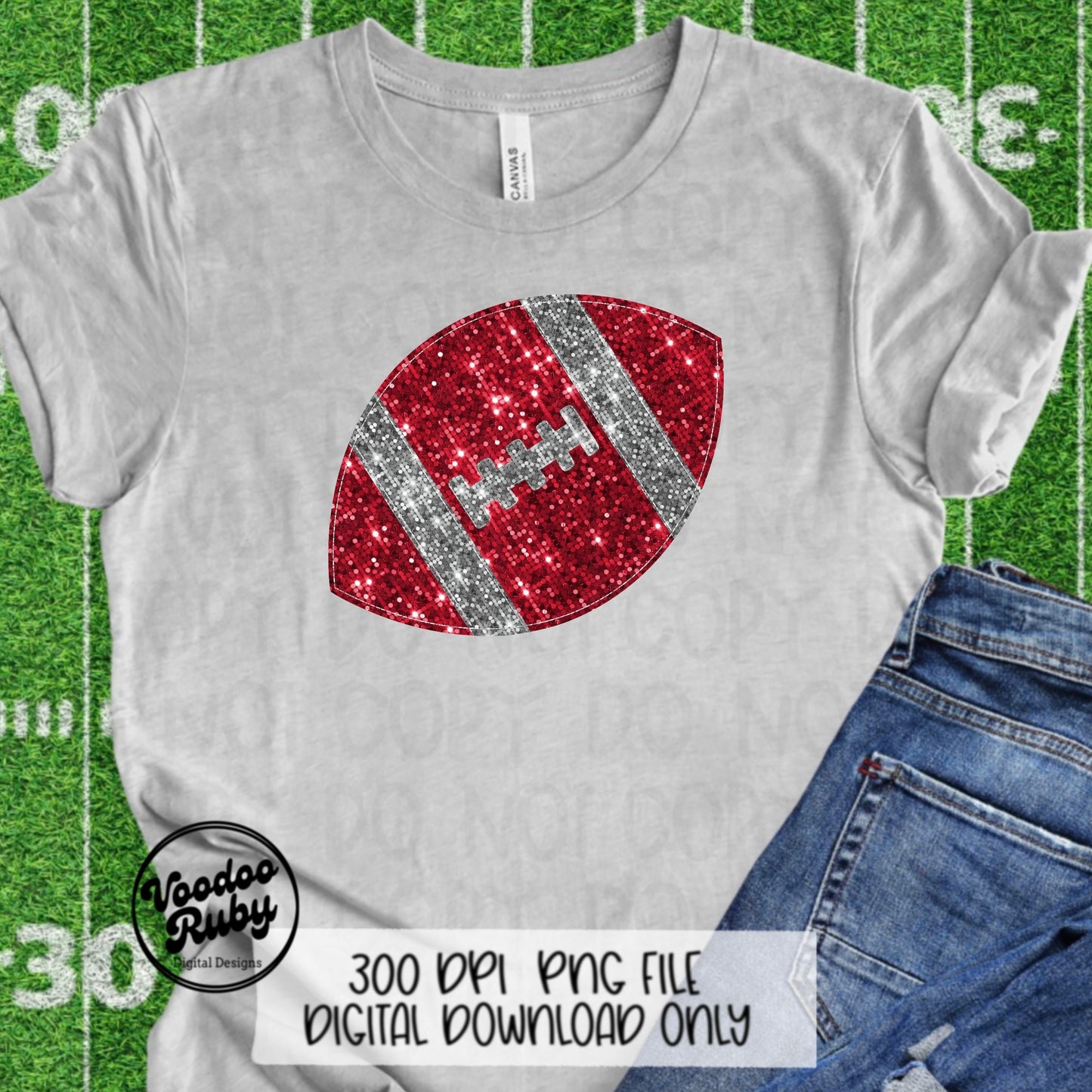 Red Silver Sequin Football PNG Design Sublimation Glitter Hand Drawn Digital Download Faux Sequins Patch PNG Printable Clip Art Football DTF
