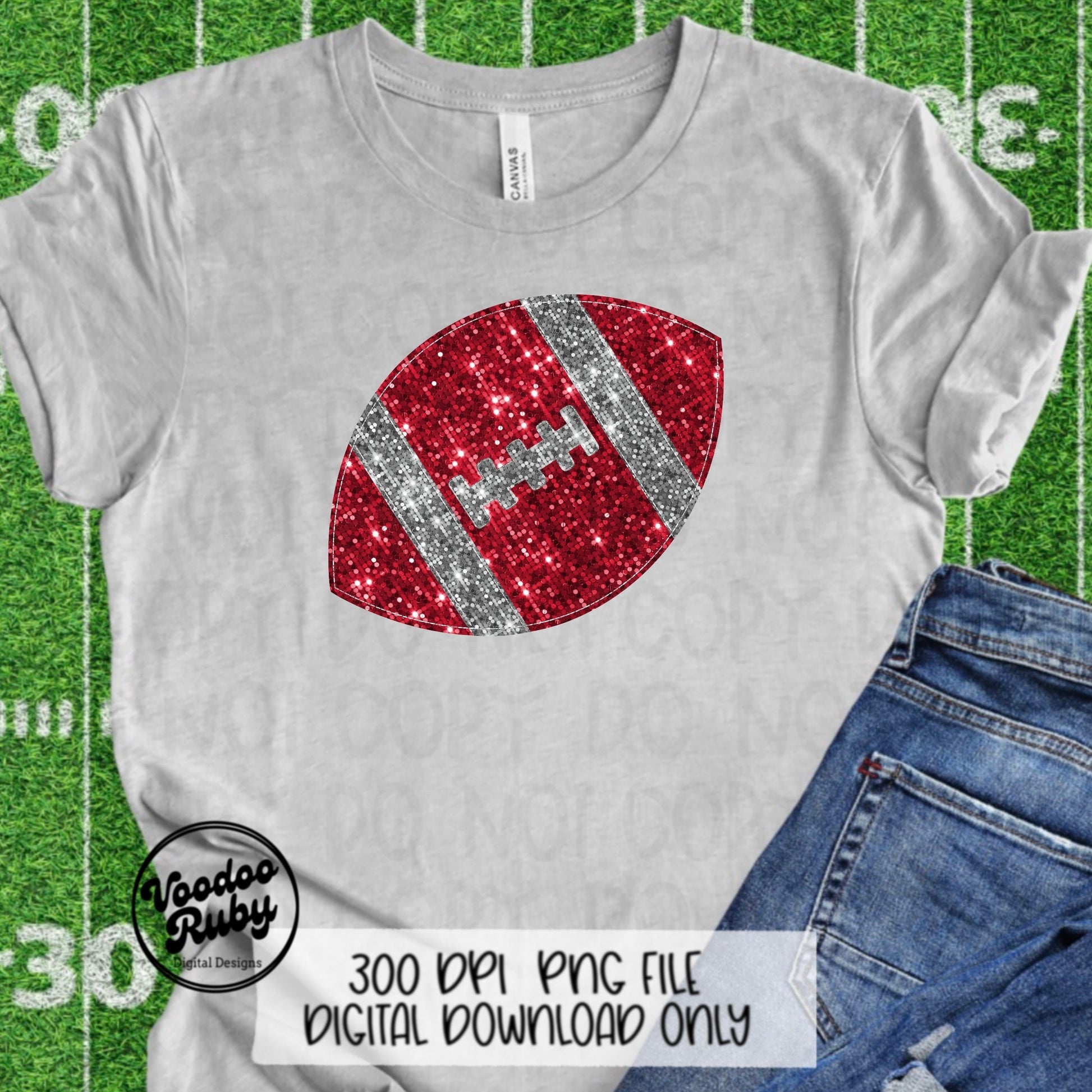 Red Silver Sequin Football PNG Design Sublimation Glitter Hand Drawn Digital Download Faux Sequins Patch PNG Printable Clip Art Football DTF
