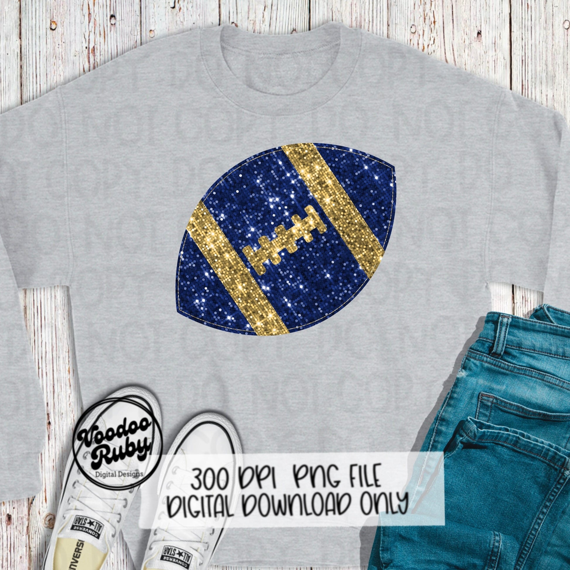 Sequin Blue Gold Football PNG Design Sublimation Glitter Hand Drawn Digital Download Faux Sequin Patch PNG Printable Clip Art Football DTF