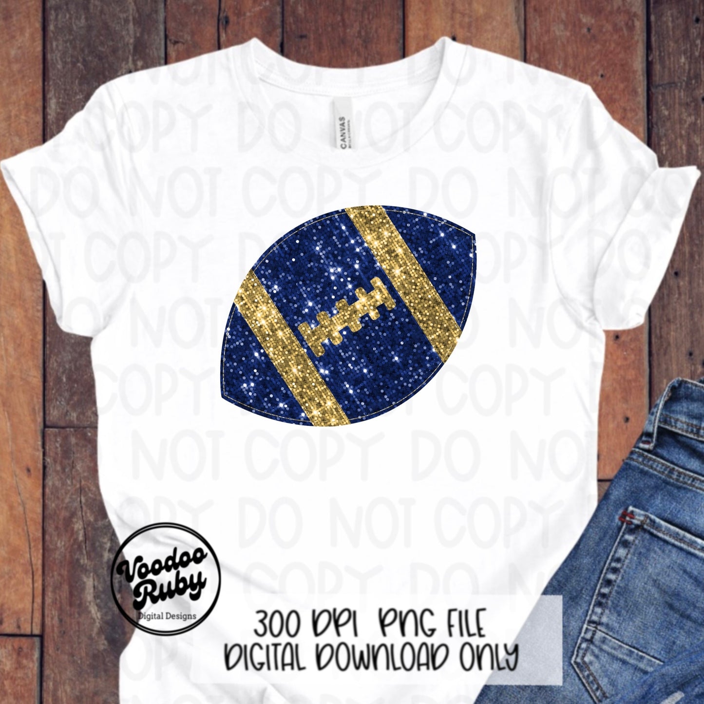Sequin Blue Gold Football PNG Design Sublimation Glitter Hand Drawn Digital Download Faux Sequin Patch PNG Printable Clip Art Football DTF