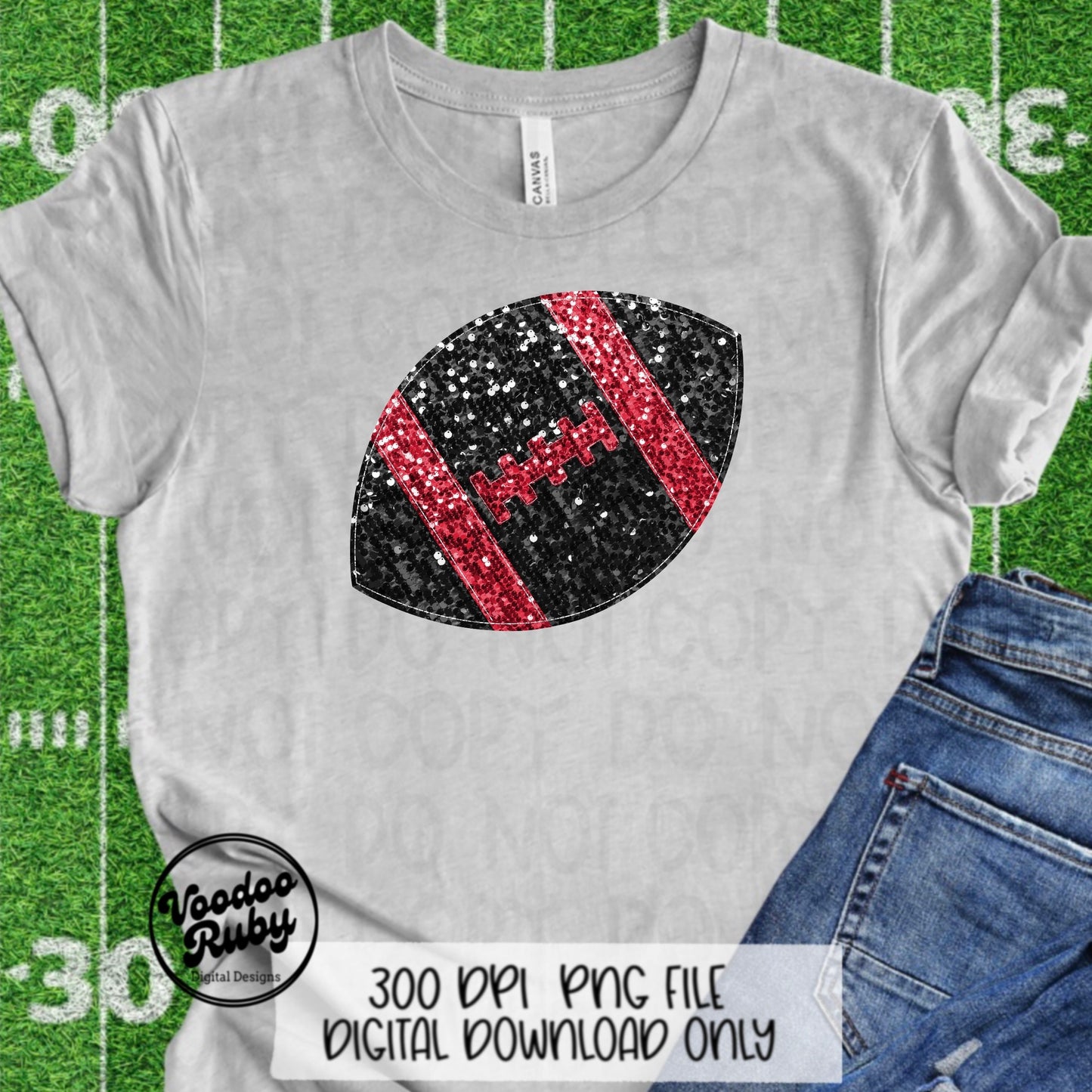 Red Black Sequin Football PNG Design Glitter Hand Drawn Digital Download Faux Sequins Patch Printable Clip Art Faux Appliqué Football DTF