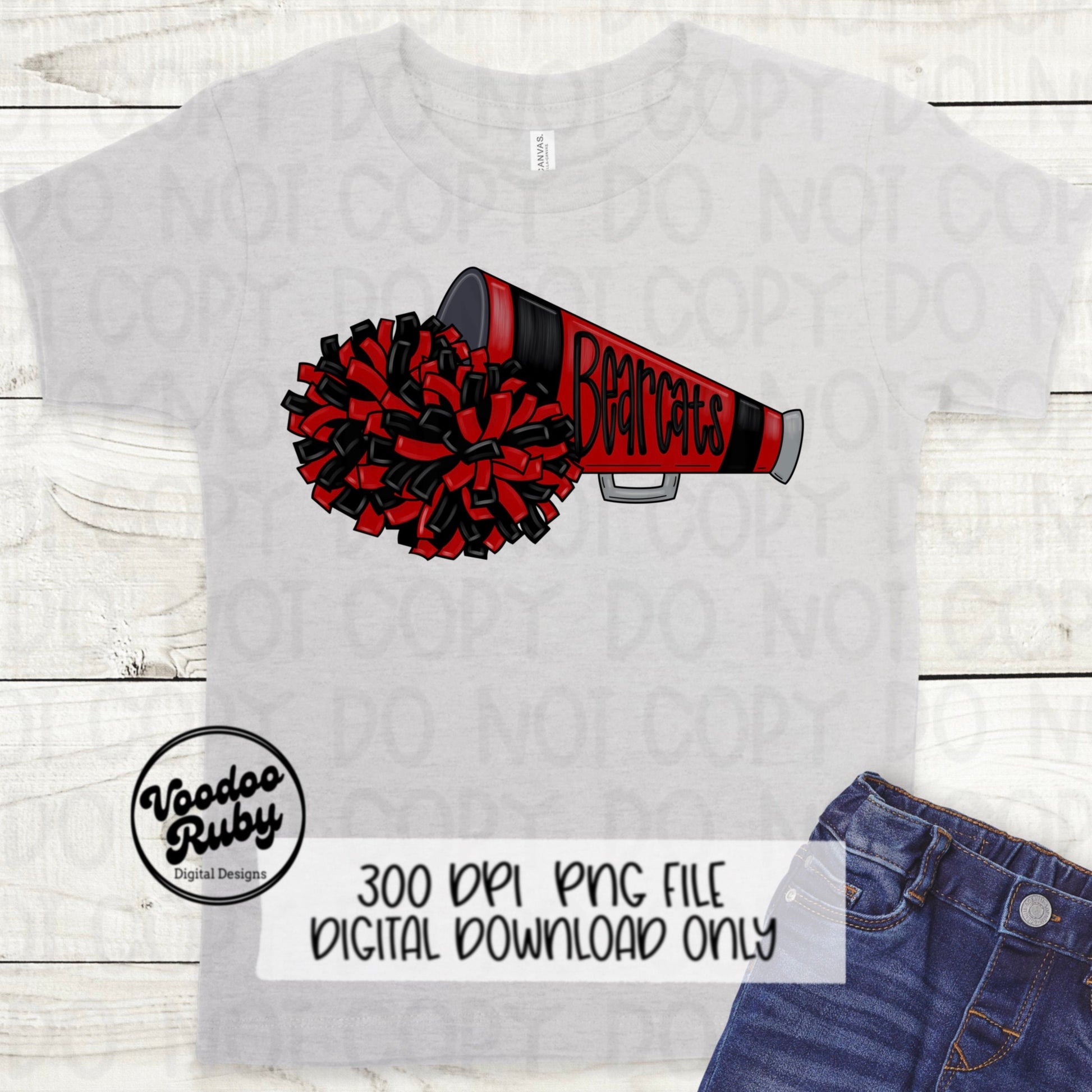 Bearcats Cheer PNG: Red & Black Megaphone, Pom-poms (Digital Download)