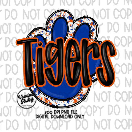 Tigers PNG Design Blue Orange Hand Drawn Digital Download Football PNG Paw Print Sublimation Design Tigers Football DTF Printable