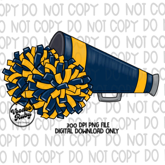 Cheer PNG Design Blue Gold Team Hand Drawn Digital Download PNG Cheerleader Sublimation Megaphone png Clip Art DTF Printable