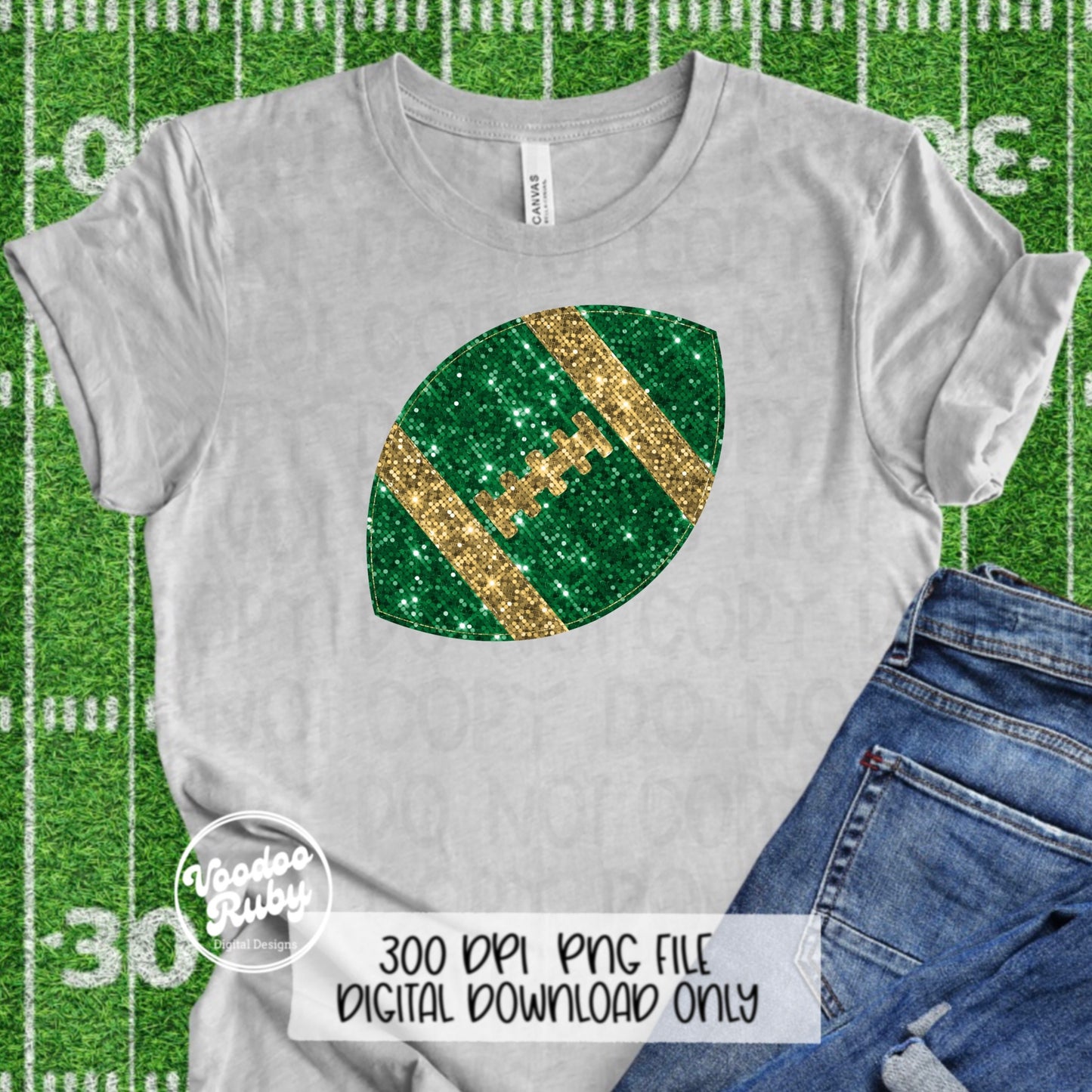 Sequin Green Gold Football PNG Design Glitter Sublimation Hand Drawn Digital Download Faux Patch PNG Printable Clip Art Appliqué Football