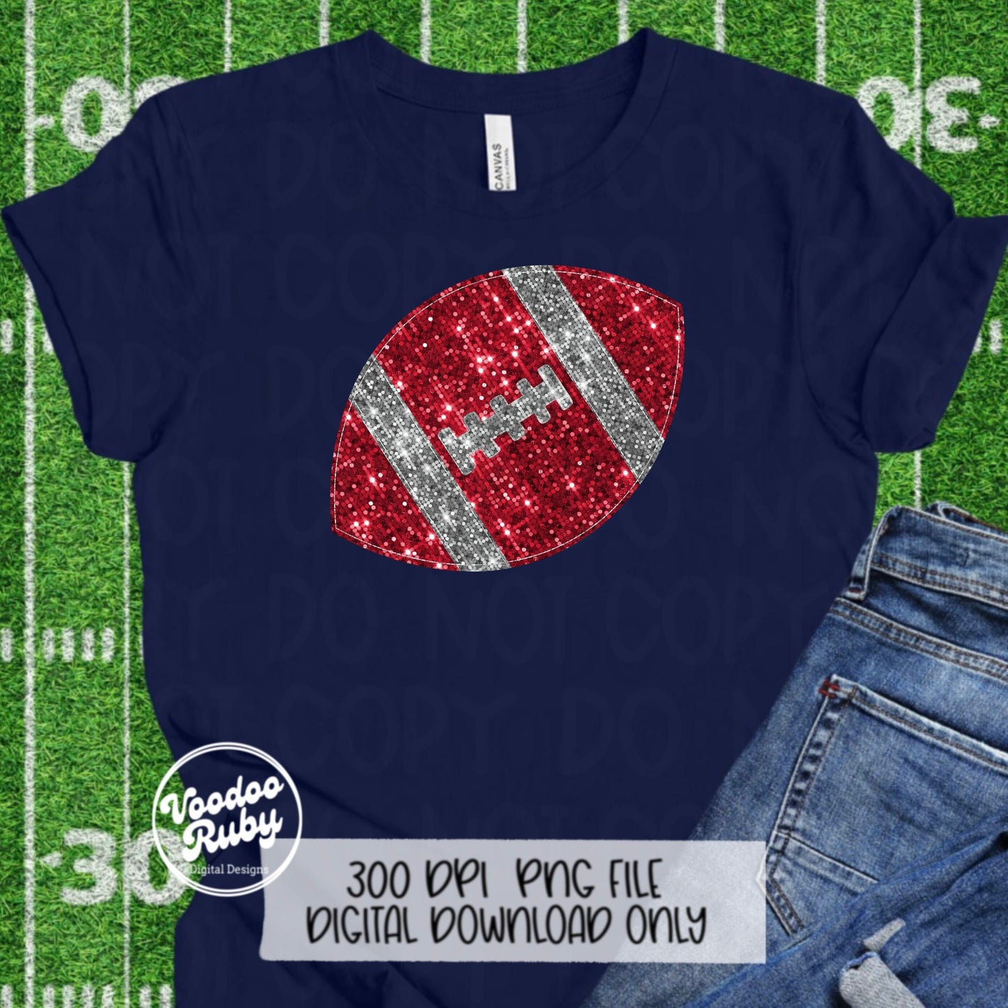 Red Silver Sequin Football PNG Design Sublimation Glitter Hand Drawn Digital Download Faux Sequins Patch PNG Printable Clip Art Football DTF