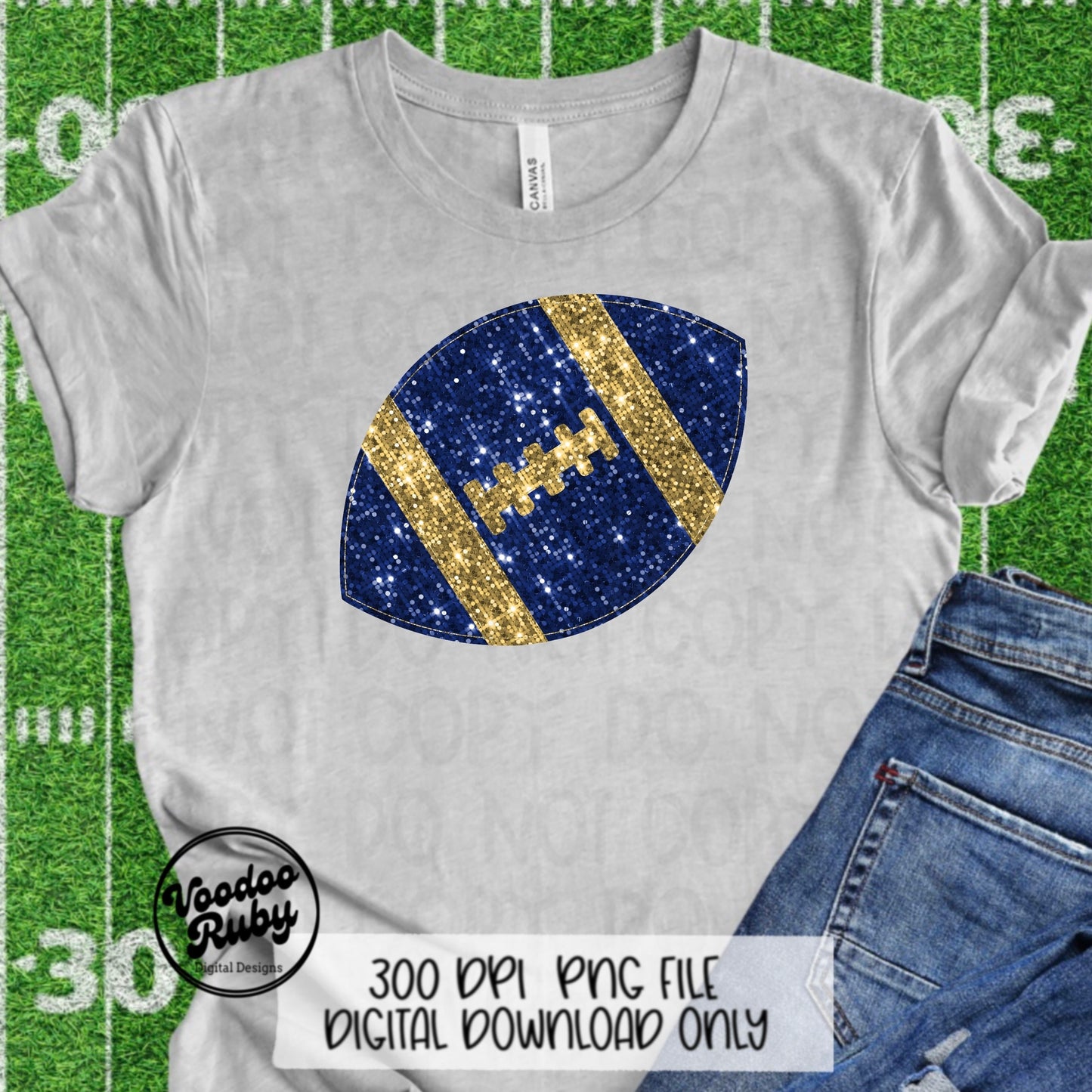 Sequin Blue Gold Football PNG Design Sublimation Glitter Hand Drawn Digital Download Faux Sequin Patch PNG Printable Clip Art Football DTF