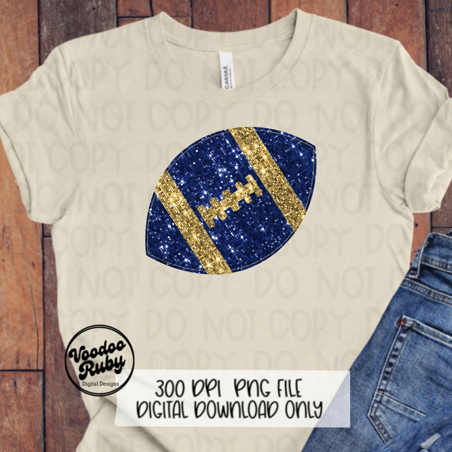 Sequin Blue Gold Football PNG Design Sublimation Glitter Hand Drawn Digital Download Faux Sequin Patch PNG Printable Clip Art Football DTF