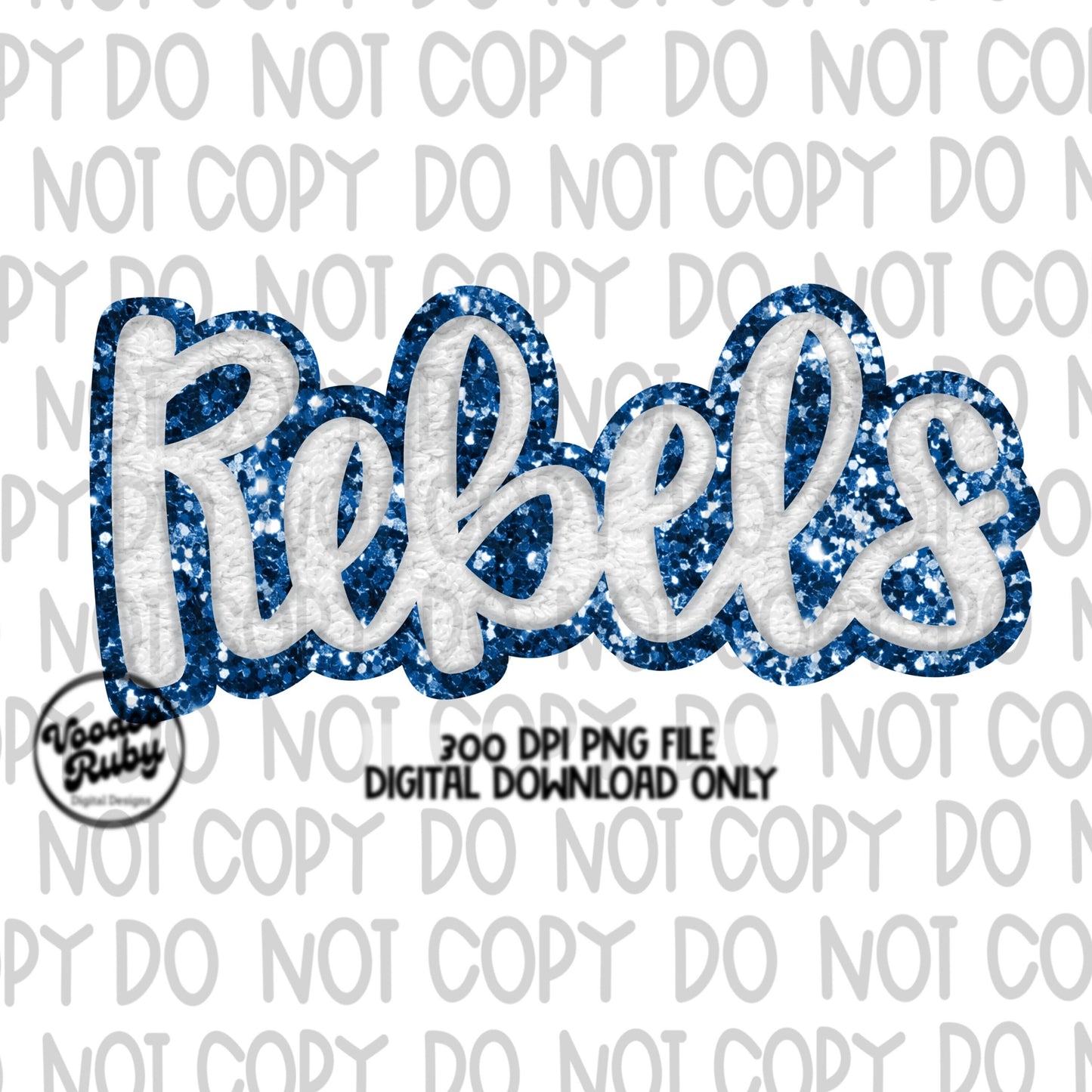 Rebels mascot png design in white faux chenille and blue faux glitter background. High resolution perfect for sublimation and dtf printing.