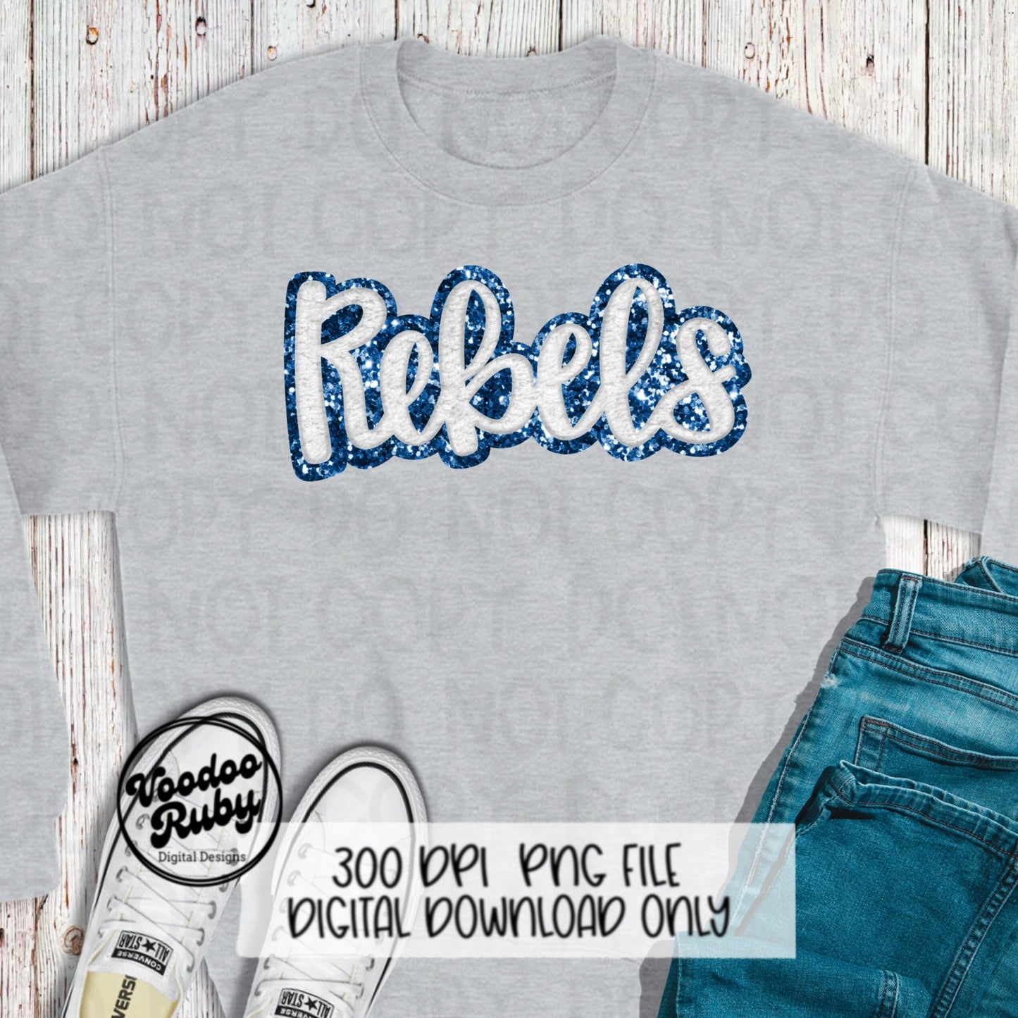 Rebels PNG Design Hand Drawn Digital Download Sublimation Faux Chenille PNG Blue and White Football png Rebels DTF Printable Rebels Cheer