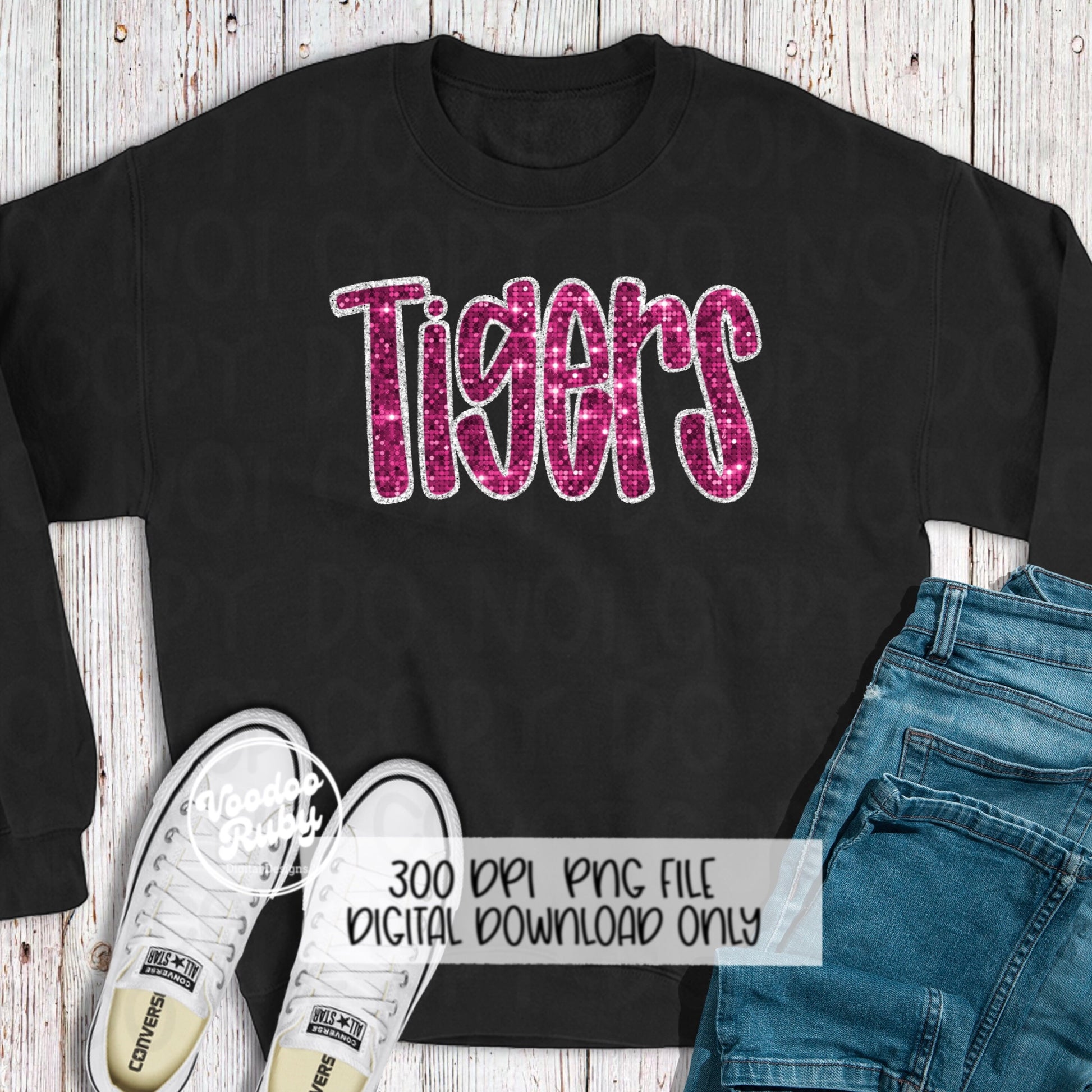 Pink Tigers PNG Sequin Design Hand Drawn Digital Download Faux Sequins Patch PNG Printable Clip Art Appliqué Tigers Football DTF October