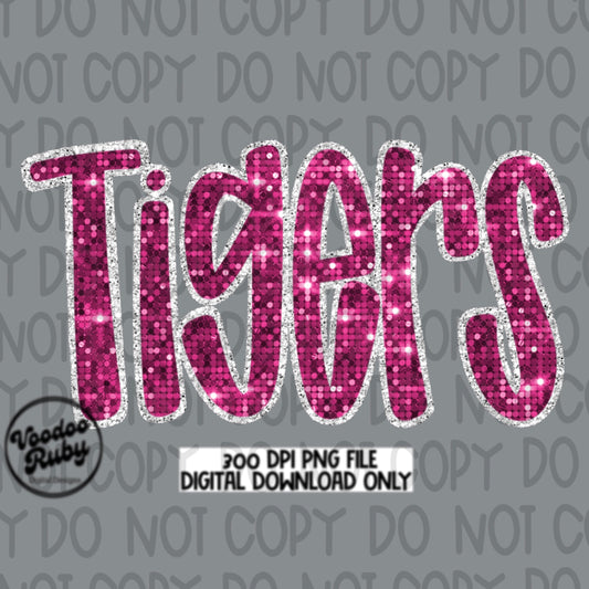 Pink Tigers PNG Sequin Design Hand Drawn Digital Download Faux Sequins Patch PNG Printable Clip Art Appliqué Tigers Football DTF October