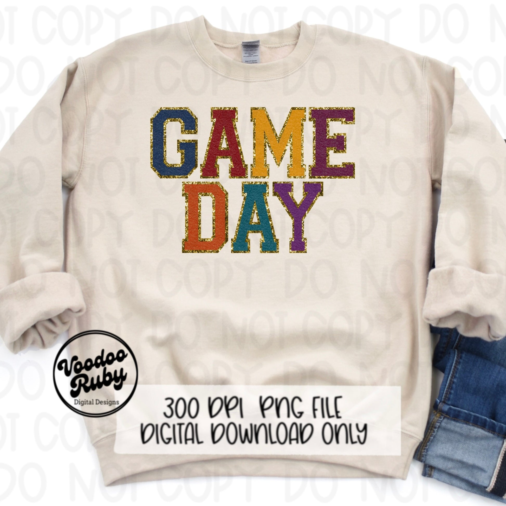 Game Day PNG Design Faux Chenille Patch Digital Download Jewel Tones Football PNG Faux Embroidery png Fall Game Day Football DTF Printable