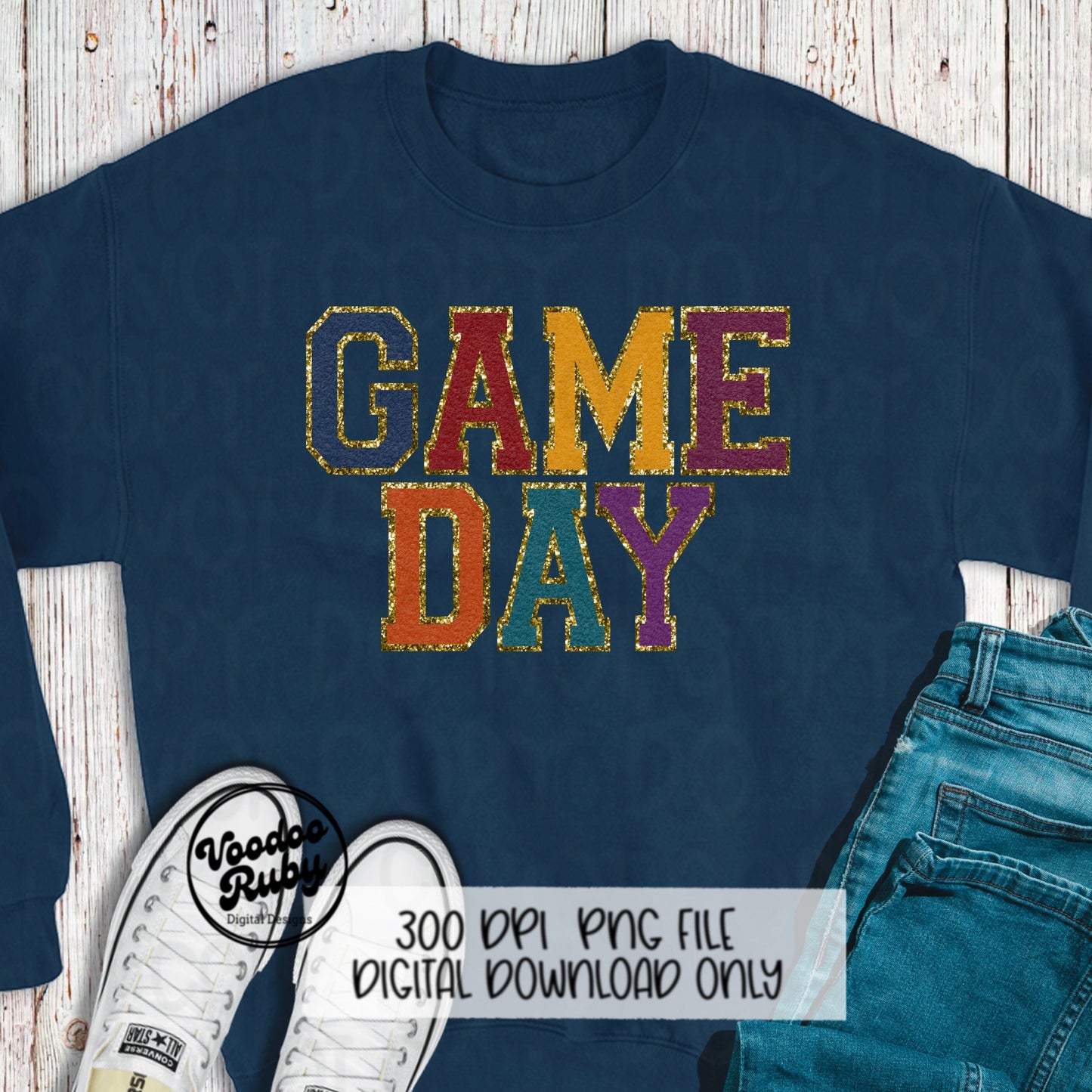 Game Day PNG Design Faux Chenille Patch Digital Download Jewel Tones Football PNG Faux Embroidery png Fall Game Day Football DTF Printable