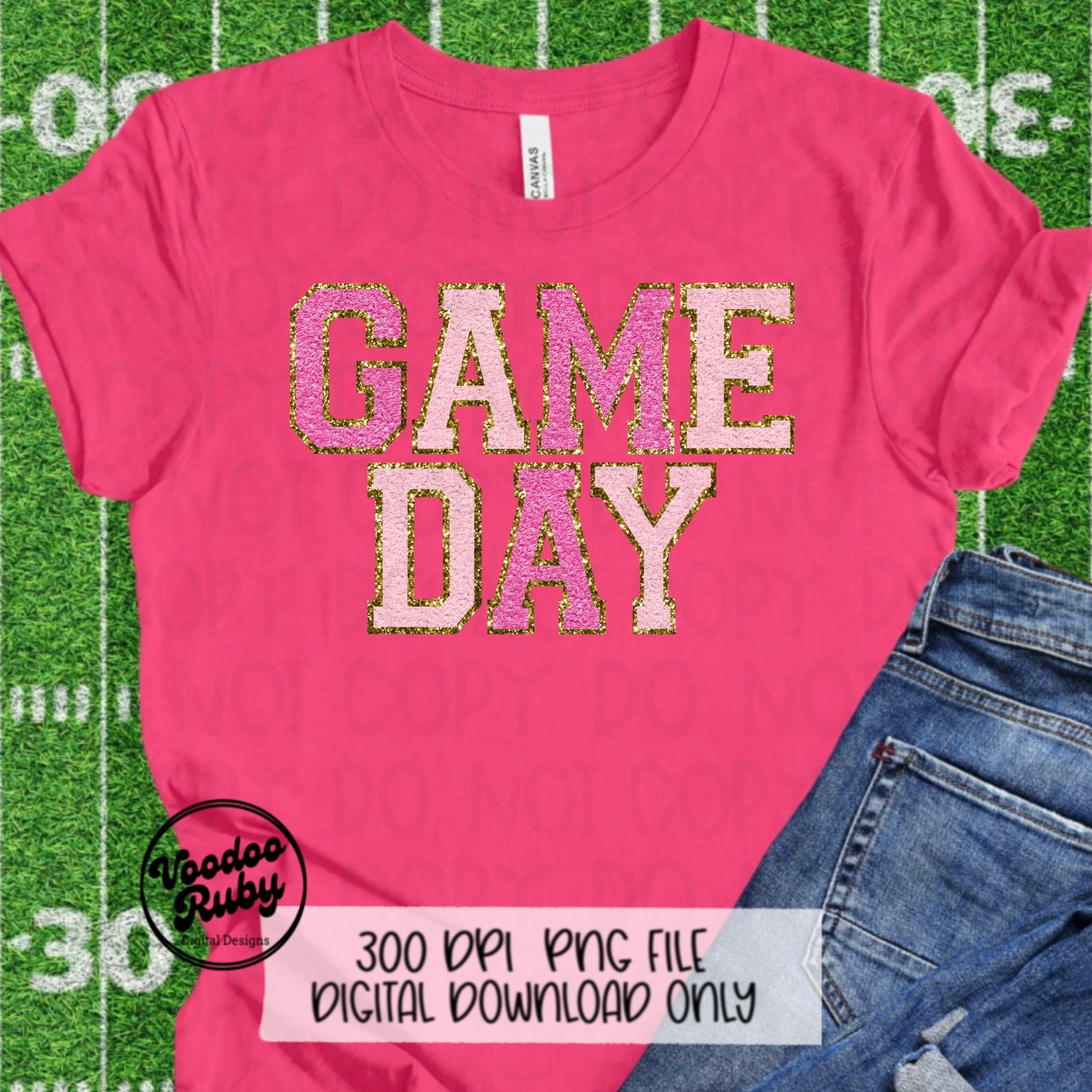 Pink Game Day PNG Design Faux Chenille Patch Digital Download Pink Football PNG Faux Embroidery png Pink Game Day Football DTF Printable