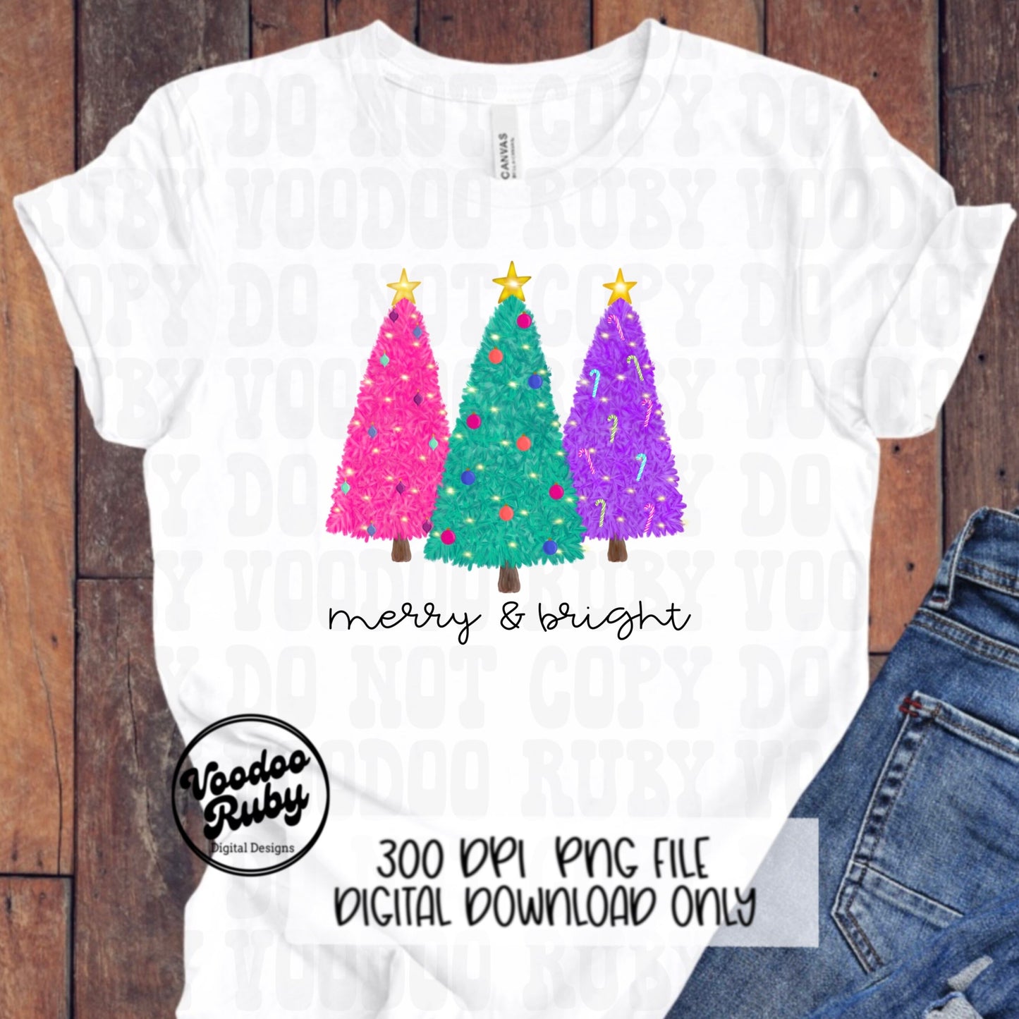 Merry and Bright PNG Design Bright Christmas Trees PNG Hand Drawn Digital Download Sublimation Merry Christmas DTF Printable