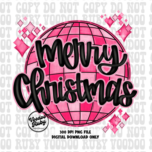 Pink Merry Christmas PNG design hand drawn with Mirrorball in Background of hand lettered merry Christmas with retro style and vintage inspired aesthetics in 300 dpi high resolution