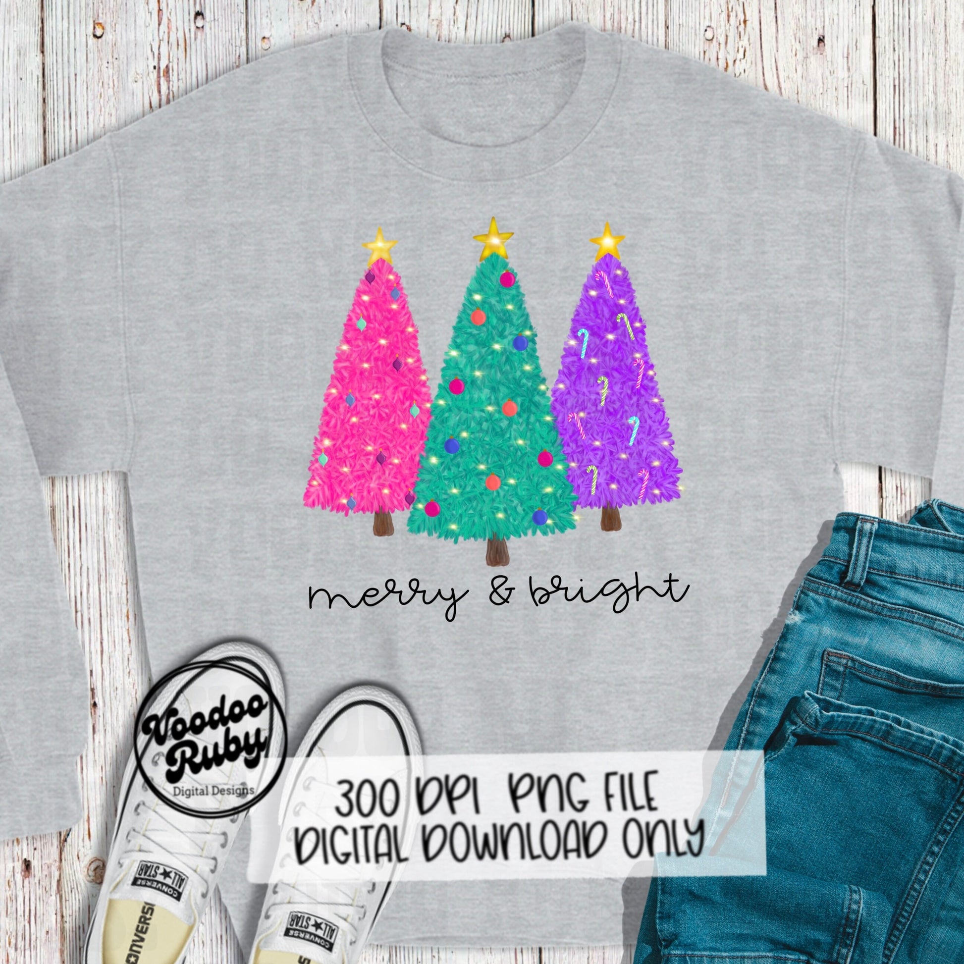 Merry and Bright PNG Design Bright Christmas Trees PNG Hand Drawn Digital Download Sublimation Merry Christmas DTF Printable