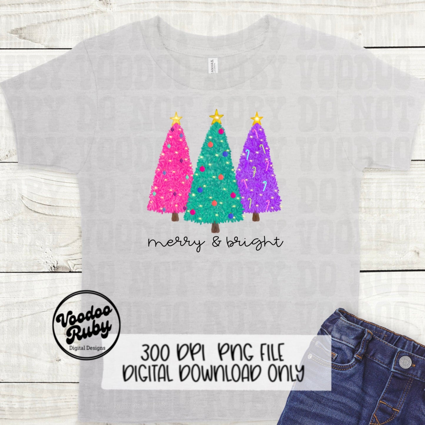 Merry and Bright PNG Design Bright Christmas Trees PNG Hand Drawn Digital Download Sublimation Merry Christmas DTF Printable