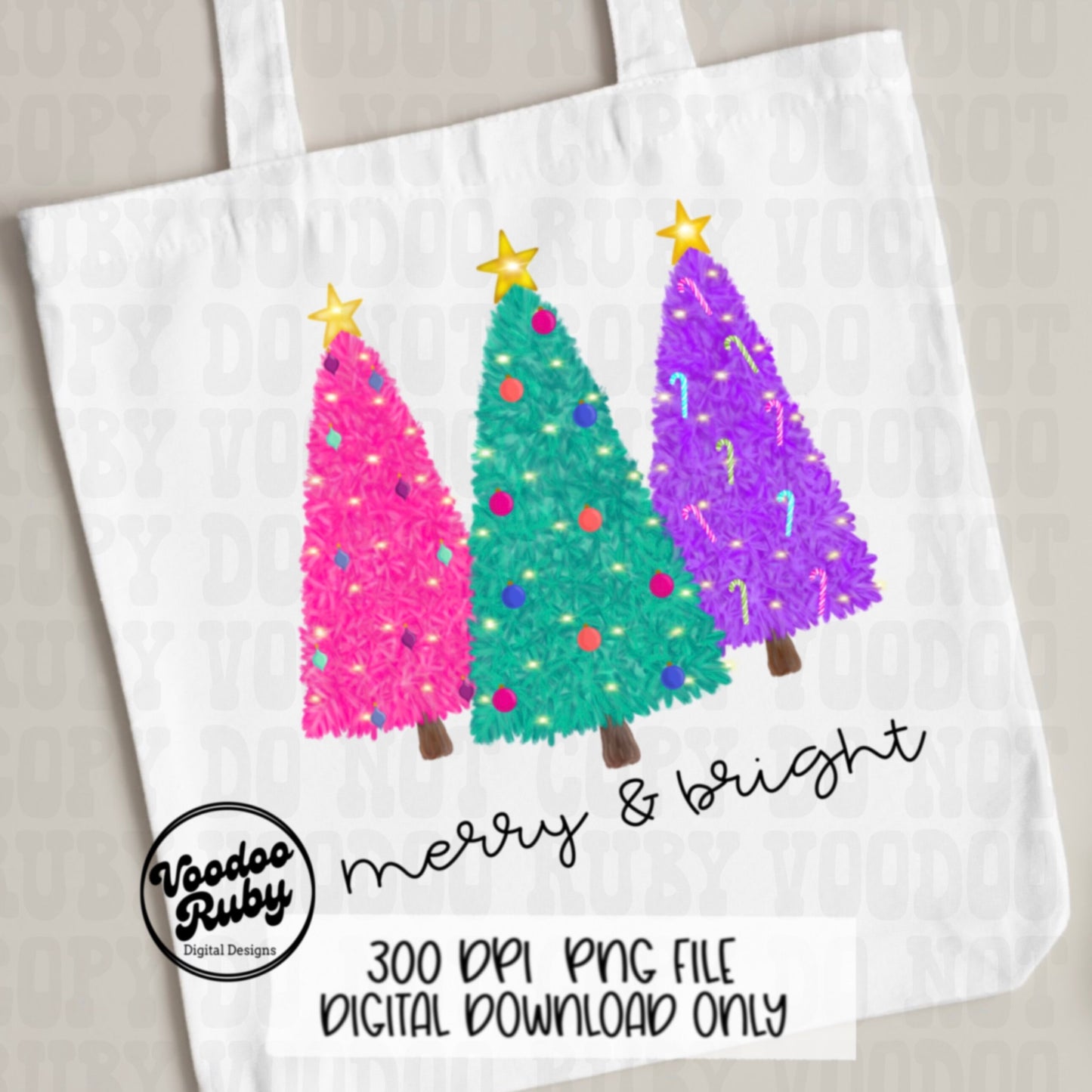 Merry and Bright PNG Design Bright Christmas Trees PNG Hand Drawn Digital Download Sublimation Merry Christmas DTF Printable