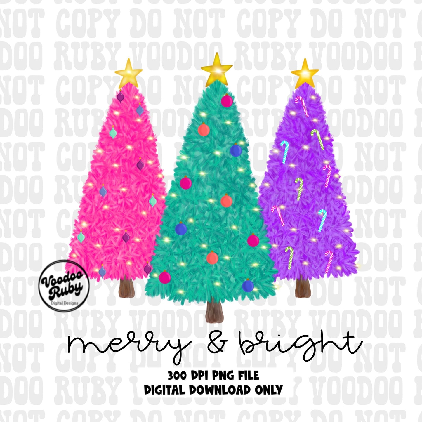 Merry and Bright PNG Christmas tree design brightly colored 300 dpi high resolution Christmas DTF printable
