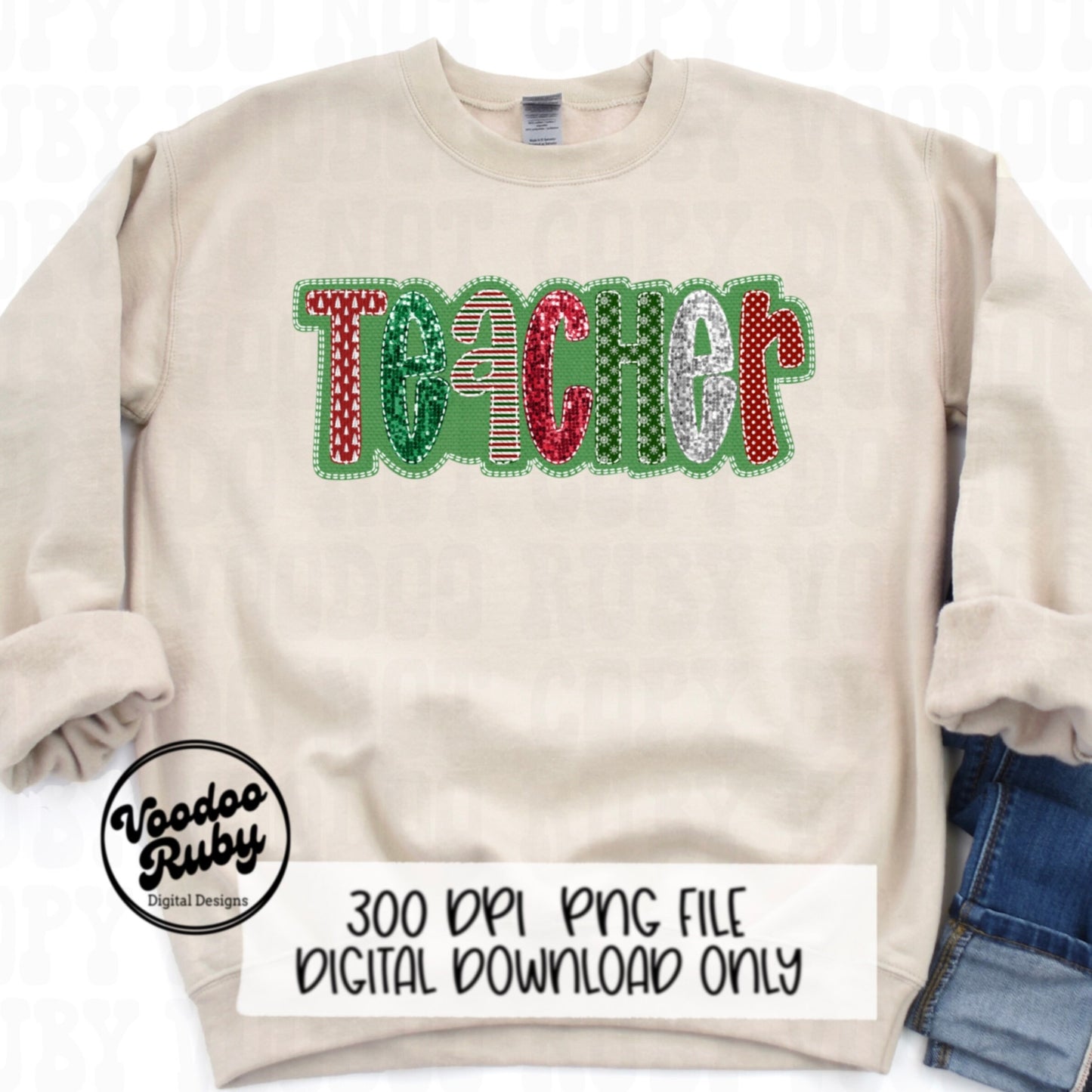 Sequin Teacher PNG Design Merry Christmas PNG Faux Sequins Faux Embroidery png Teacher DTF Christmas Sublimation Digital Download