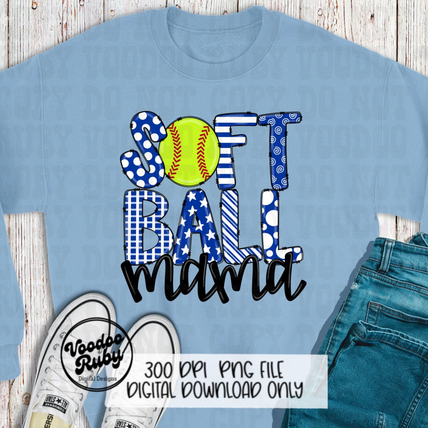 Softball Mom PNG Design Softball Mama Sublimation Hand Drawn Digital Download Softball PNG Blue White Softball DTF Printable Sports Mom