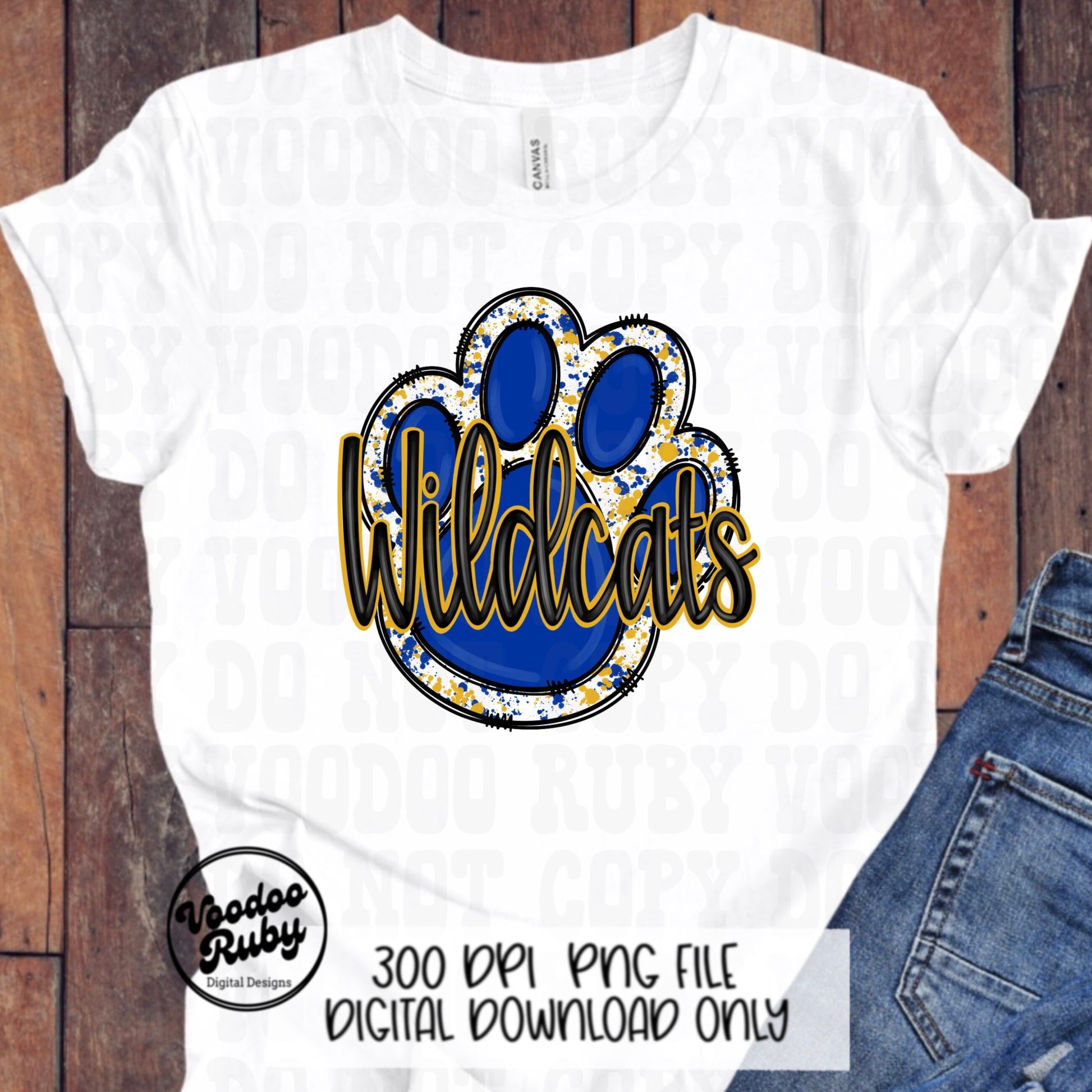 Wildcats PNG Design Hand Drawn Digital Download Sublimation Football PNG Blue Gold Wildcats Paw Print DTF Printable Clip Art