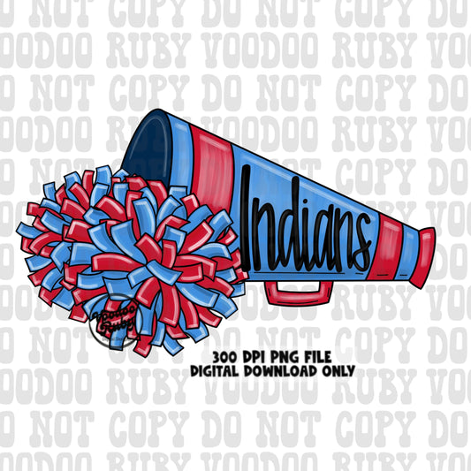 Indians Cheer PNG Design Hand Drawn Digital Download Football PNG Blue Red Indians png Cheerleader Clip Art Megaphone Sublimation DTF