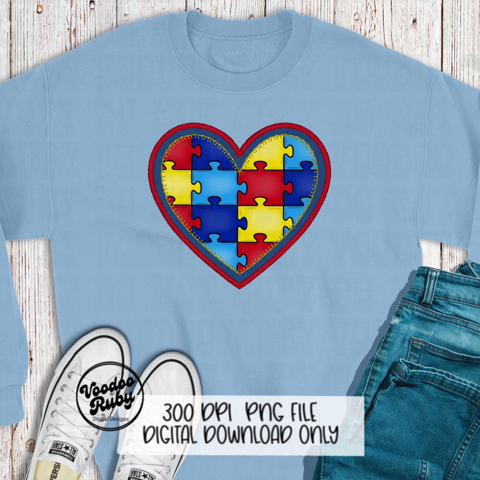 Autism Awareness PNG Design Denim png Faux Embroidery PNG Sublimation Hand Drawn Digital Download Heart png Puzzle Piece Sublimate DTF