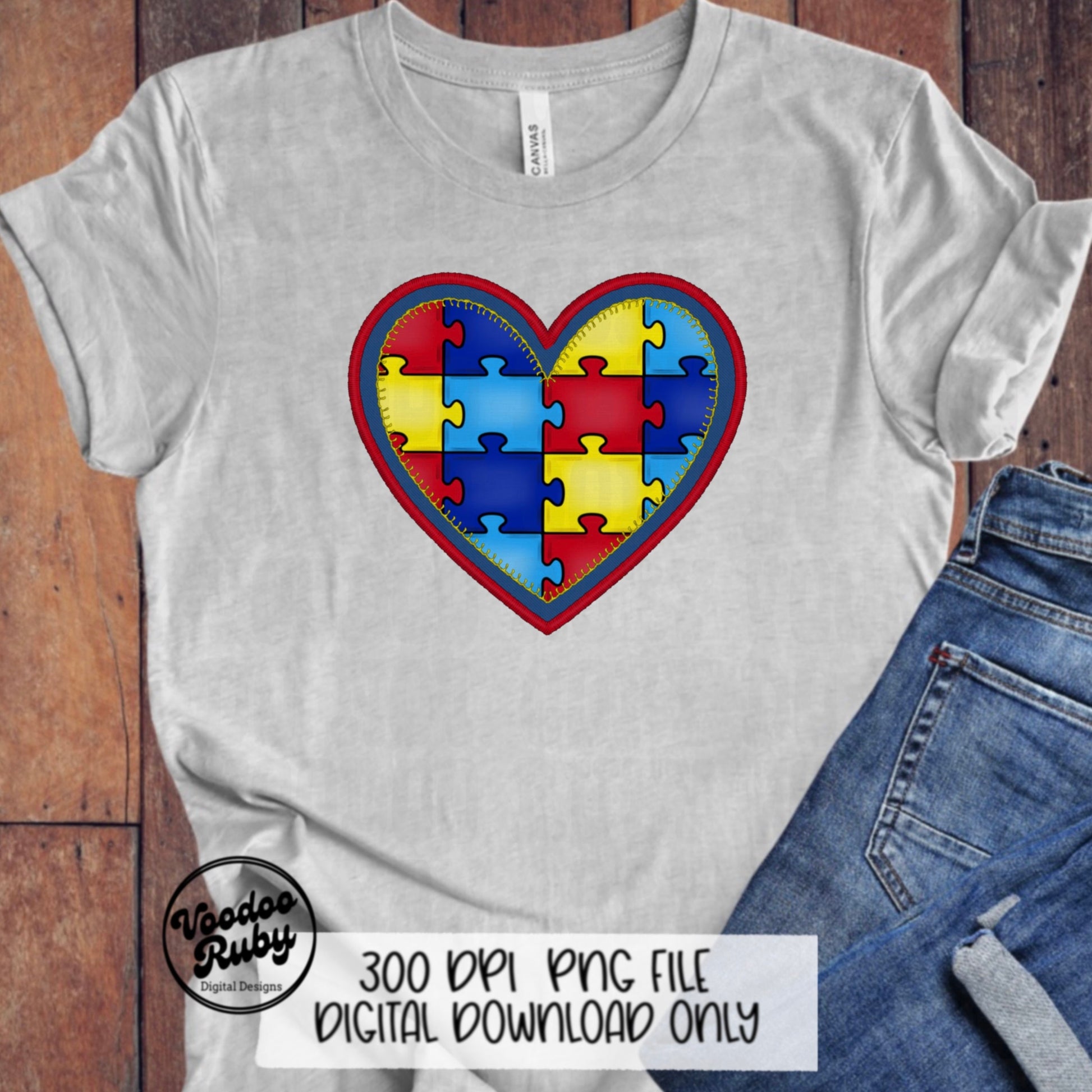 Autism Awareness PNG Design Denim png Faux Embroidery PNG Sublimation Hand Drawn Digital Download Heart png Puzzle Piece Sublimate DTF