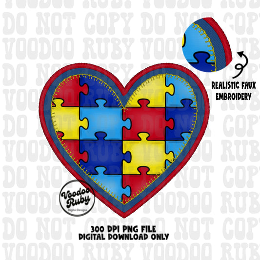 Autism Awareness PNG Design Denim png Faux Embroidery PNG Sublimation Hand Drawn Digital Download Heart png Puzzle Piece Sublimate DTF