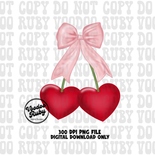 Pink Bow Heart Cherries PNG Design Sublimation Hand Drawn Digital Download Pink Bow PNG Coquette Aesthetic DTF Cherry Printable
