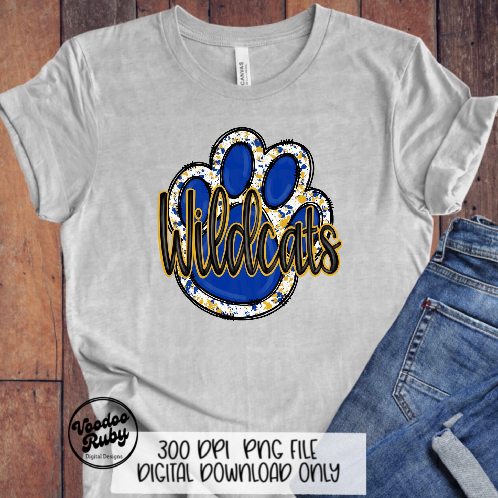 Wildcats PNG Design Hand Drawn Digital Download Sublimation Football PNG Blue Gold Wildcats Paw Print DTF Printable Clip Art