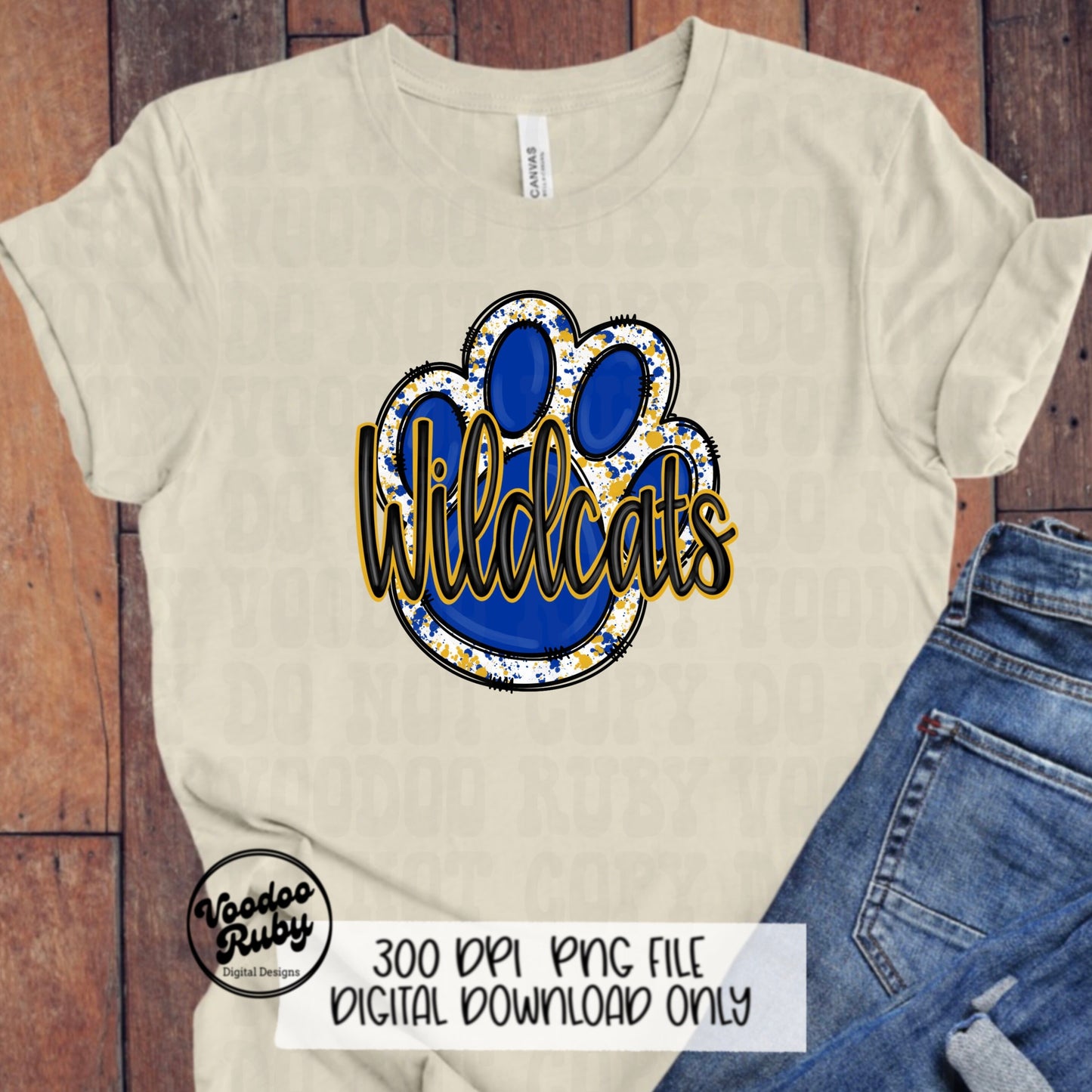 Wildcats PNG Design Hand Drawn Digital Download Sublimation Football PNG Blue Gold Wildcats Paw Print DTF Printable Clip Art