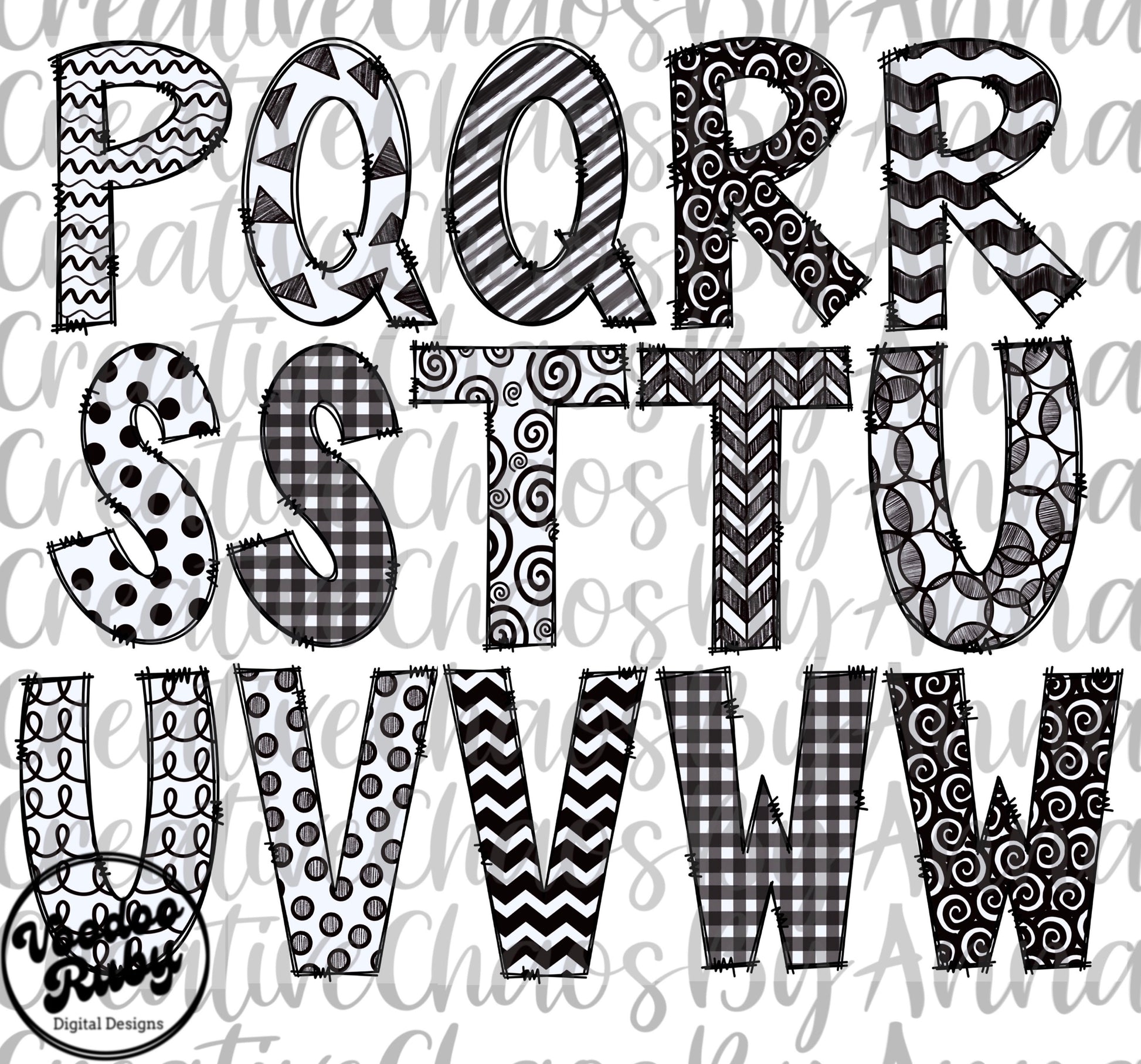 Black White Doodle Letters PNG Alphabet Bundle Hand Drawn Digital Download Doodle Alphabet PNG Sublimation Blanks DTF Printable