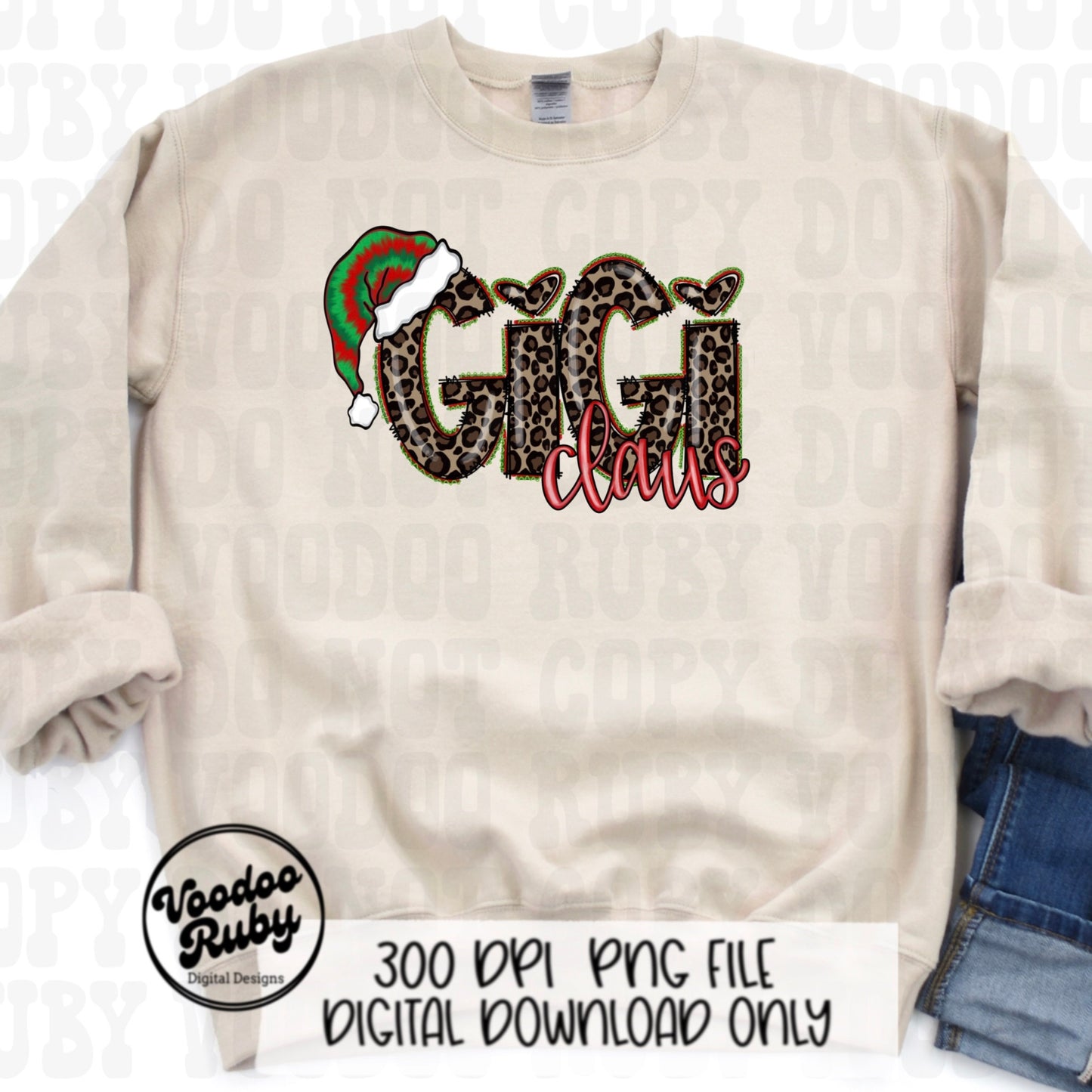 Leopard Gigi Claus PNG: Hand-Drawn Christmas Sublimation Design (Digital Download