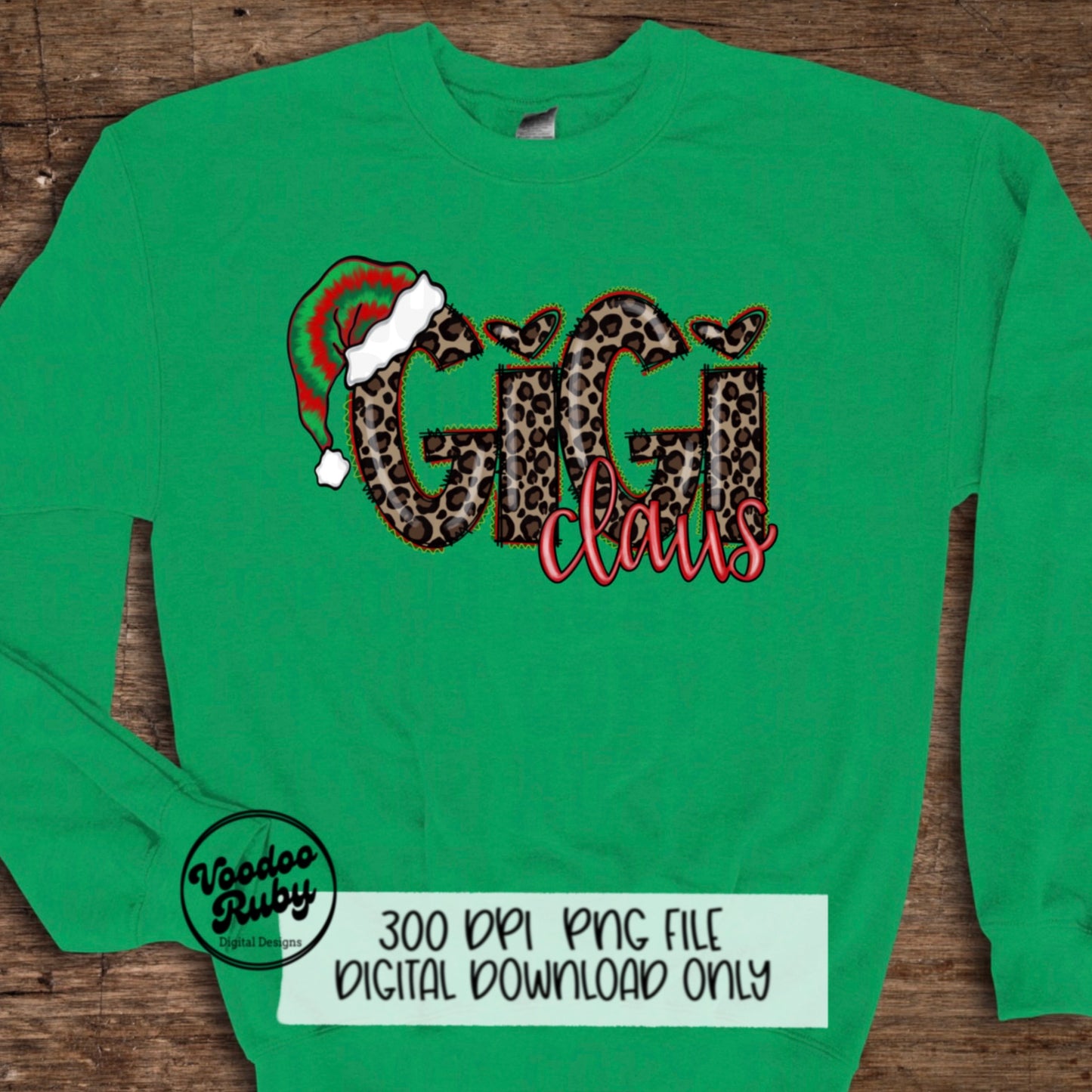 Leopard Gigi Claus PNG: Hand-Drawn Christmas Sublimation Design (Digital Download