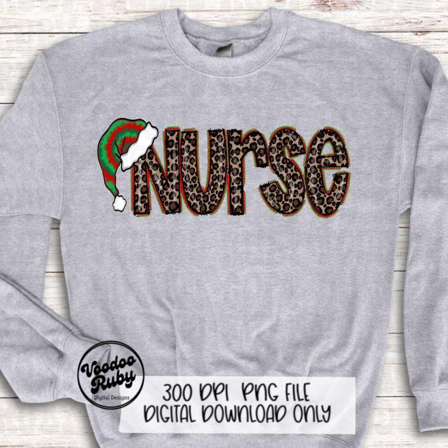Nurse Christmas Sublimation PNG | Hand Drawn | Digital Download | Clip Art | Leopard Print PNG | Tie Dye | Santa Hat | Printable | Nurse PNG