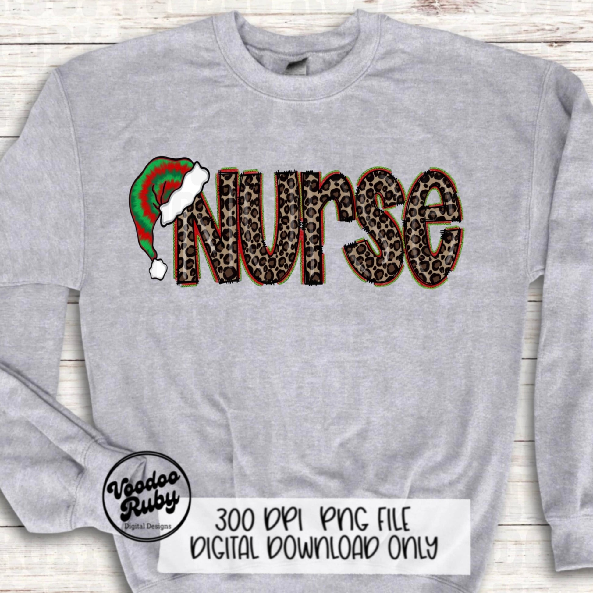 Nurse Christmas Sublimation PNG | Hand Drawn | Digital Download | Clip Art | Leopard Print PNG | Tie Dye | Santa Hat | Printable | Nurse PNG